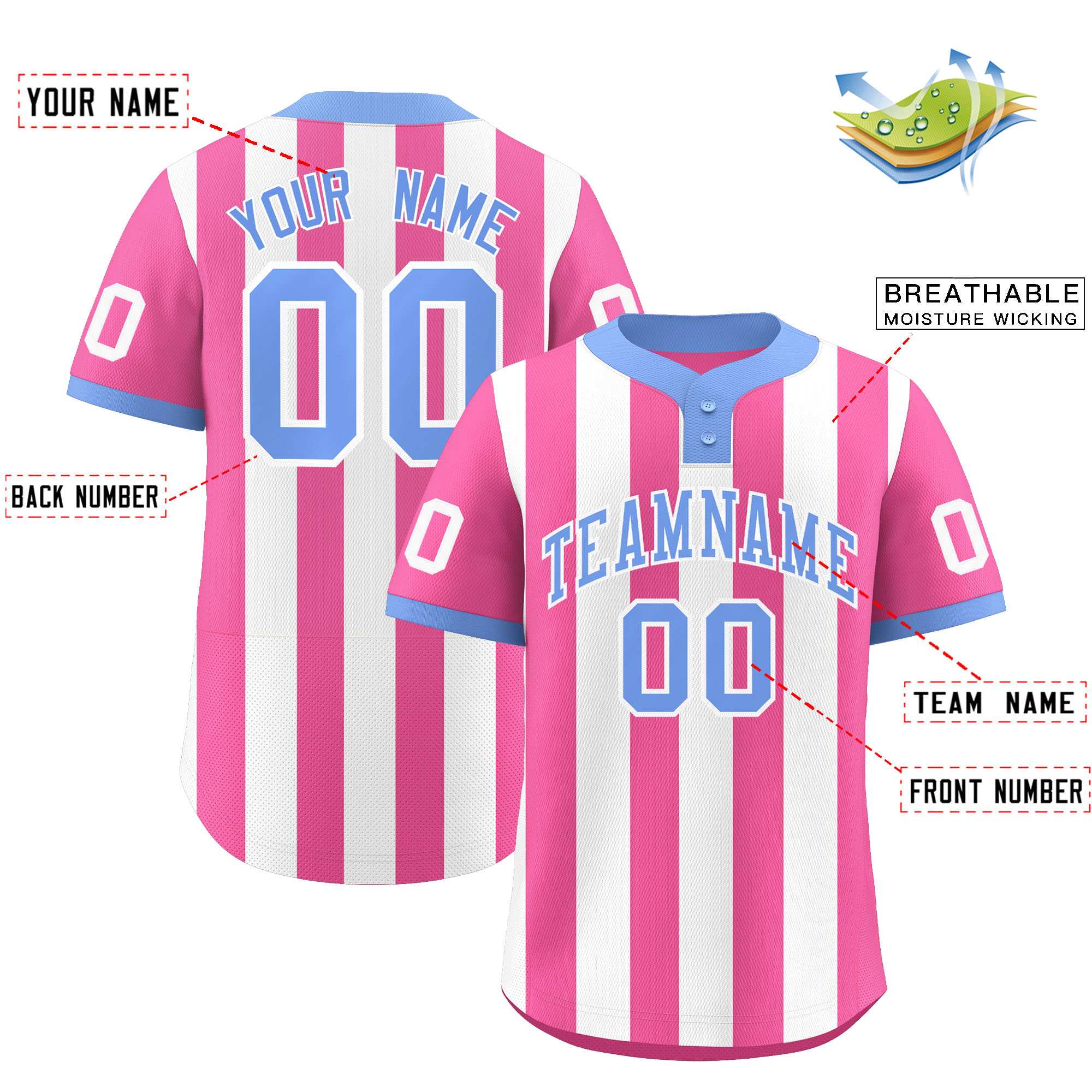 Custom Pink White Stripe Fashion Authentic Two-Button Baseball Jersey