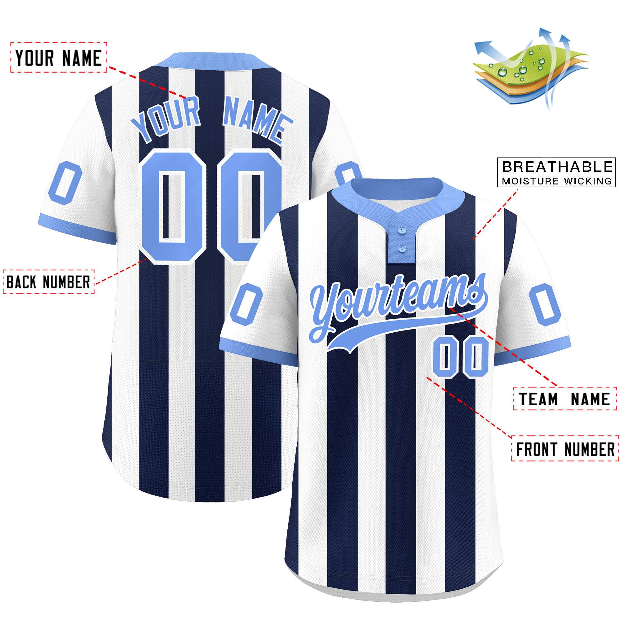 Custom White Navy Stripe Fashion Authentic Two-Button Baseball Jersey