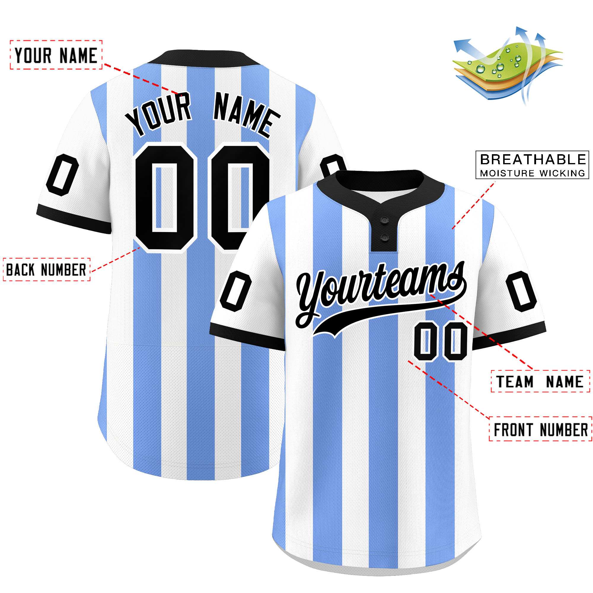 Custom White Light Blue Stripe Fashion Authentic Two-Button Baseball Jersey