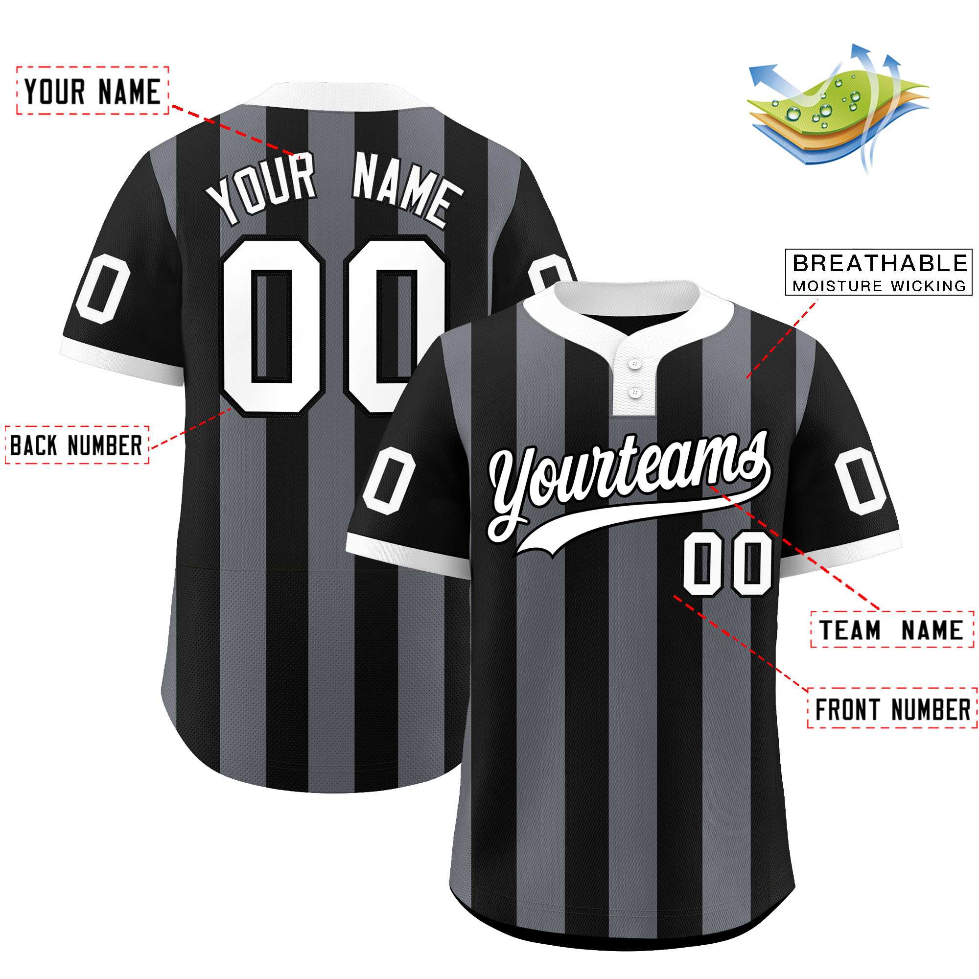 Custom Black Dark Gray Stripe Fashion Authentic Two-Button Baseball Jersey