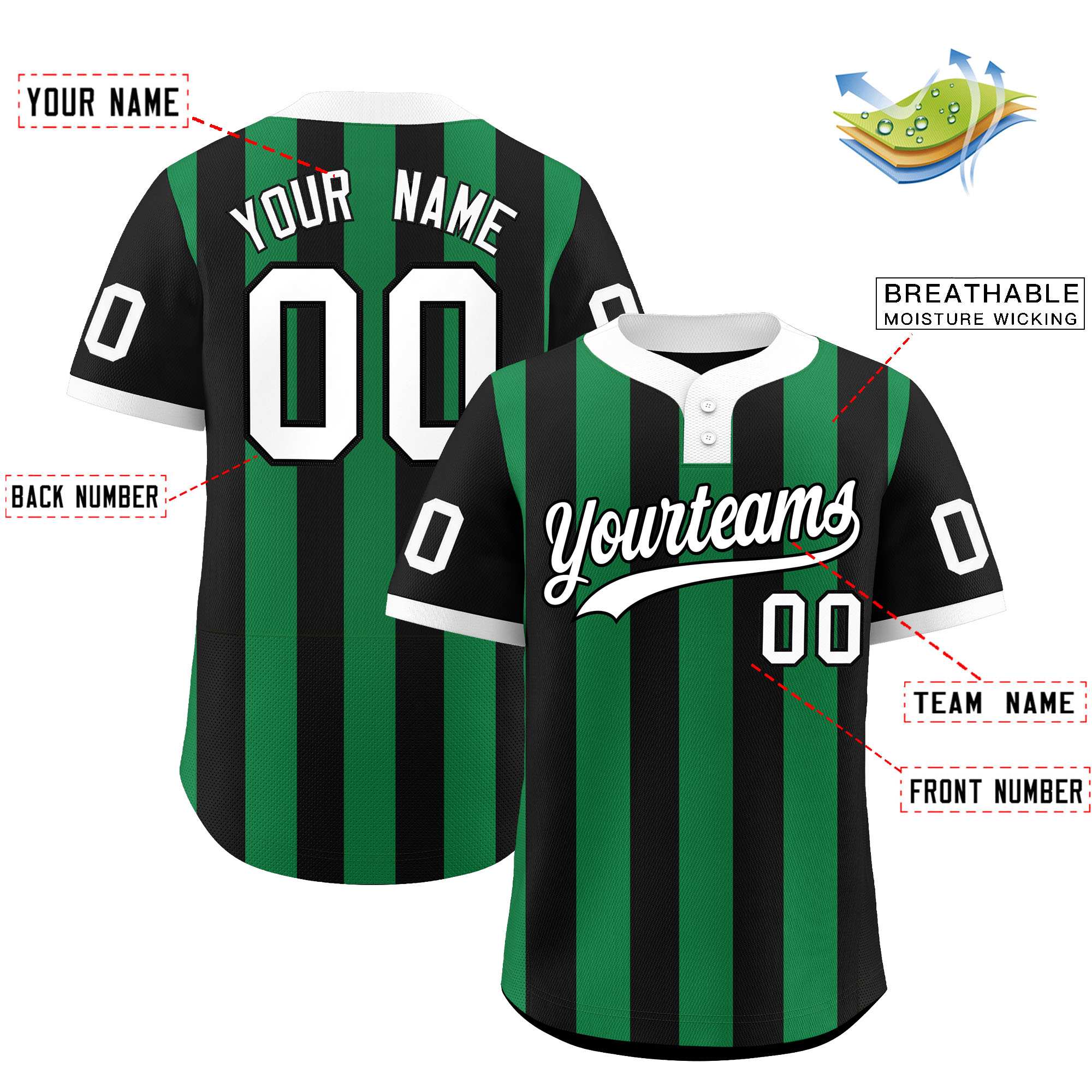 Custom Black Kelly Green Stripe Fashion Authentic Two-Button Baseball Jersey