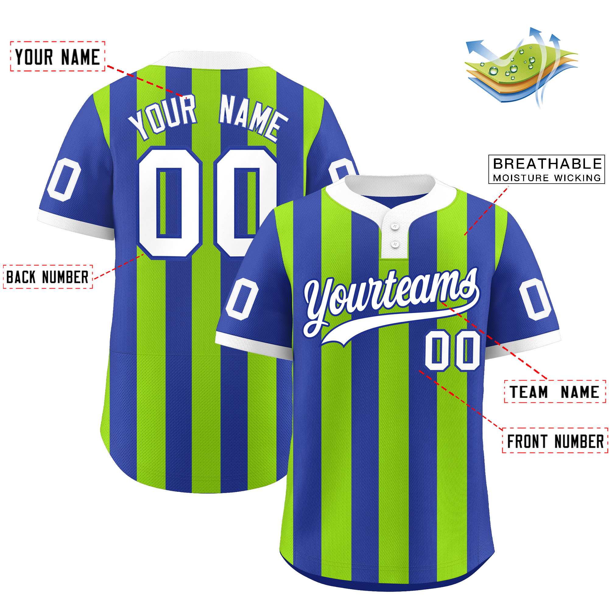 Custom Royal Neon Green Stripe Fashion Authentic Two-Button Baseball Jersey