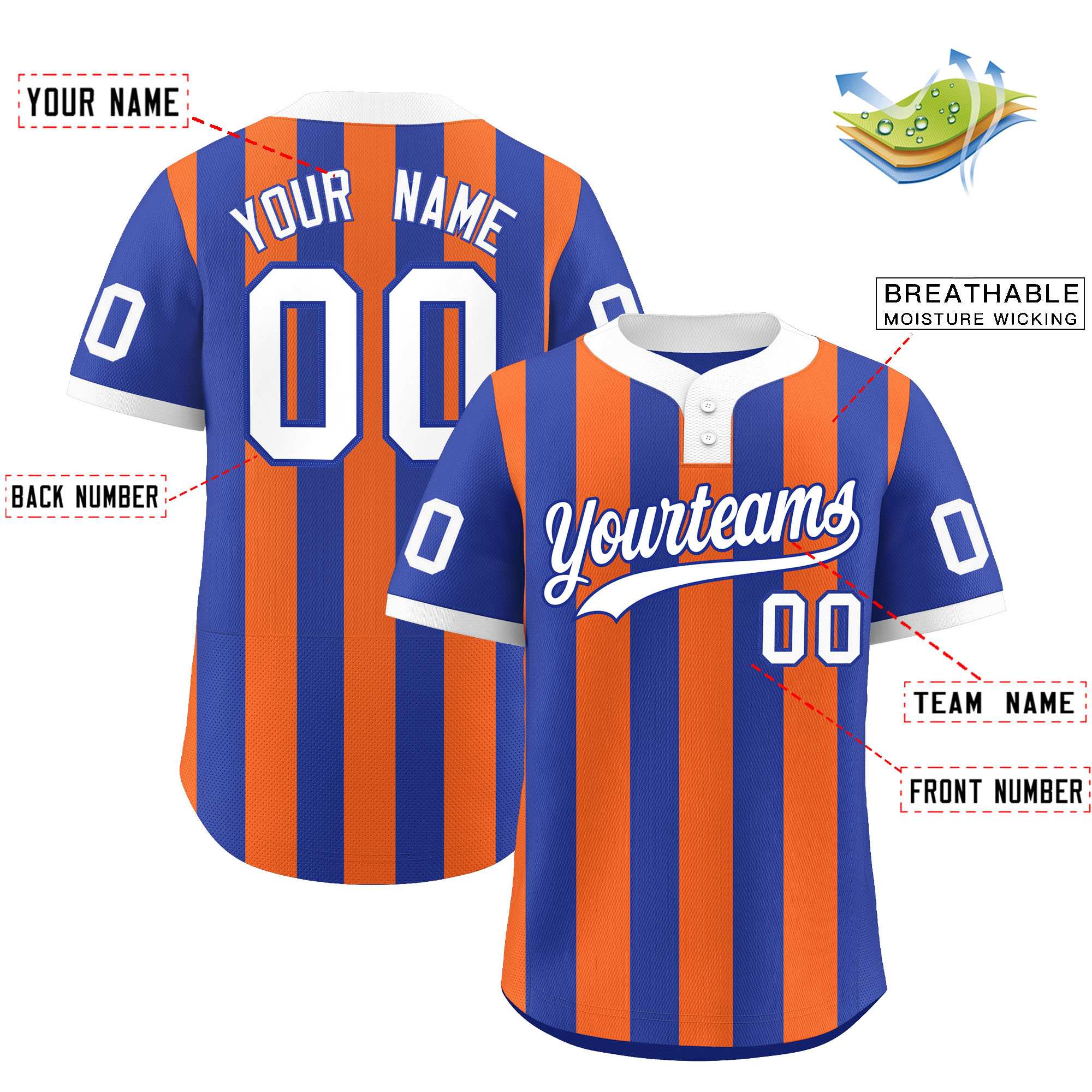 Custom Royal Orange Stripe Fashion Authentic Two-Button Baseball Jersey