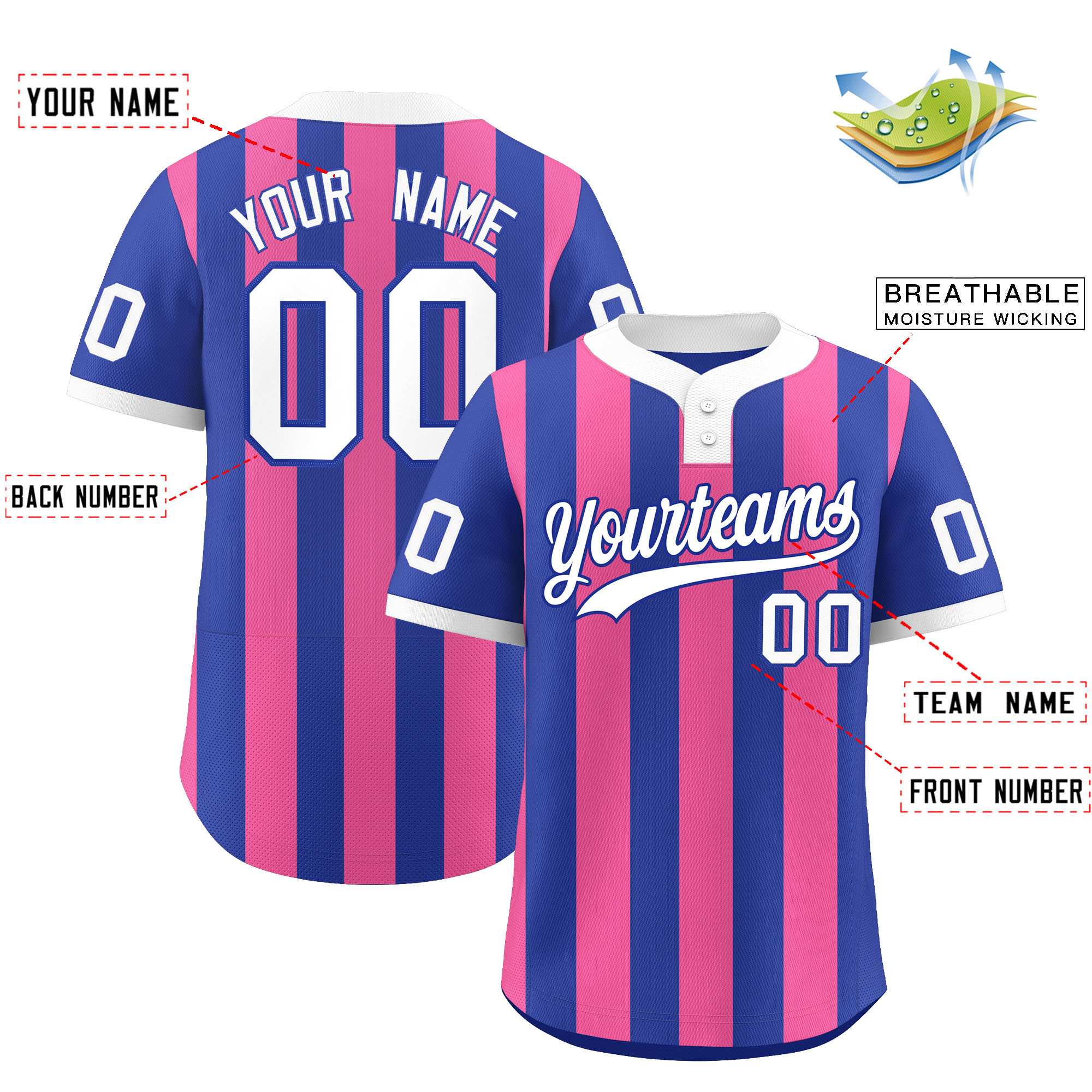 Custom Royal Pink Stripe Fashion Authentic Two-Button Baseball Jersey