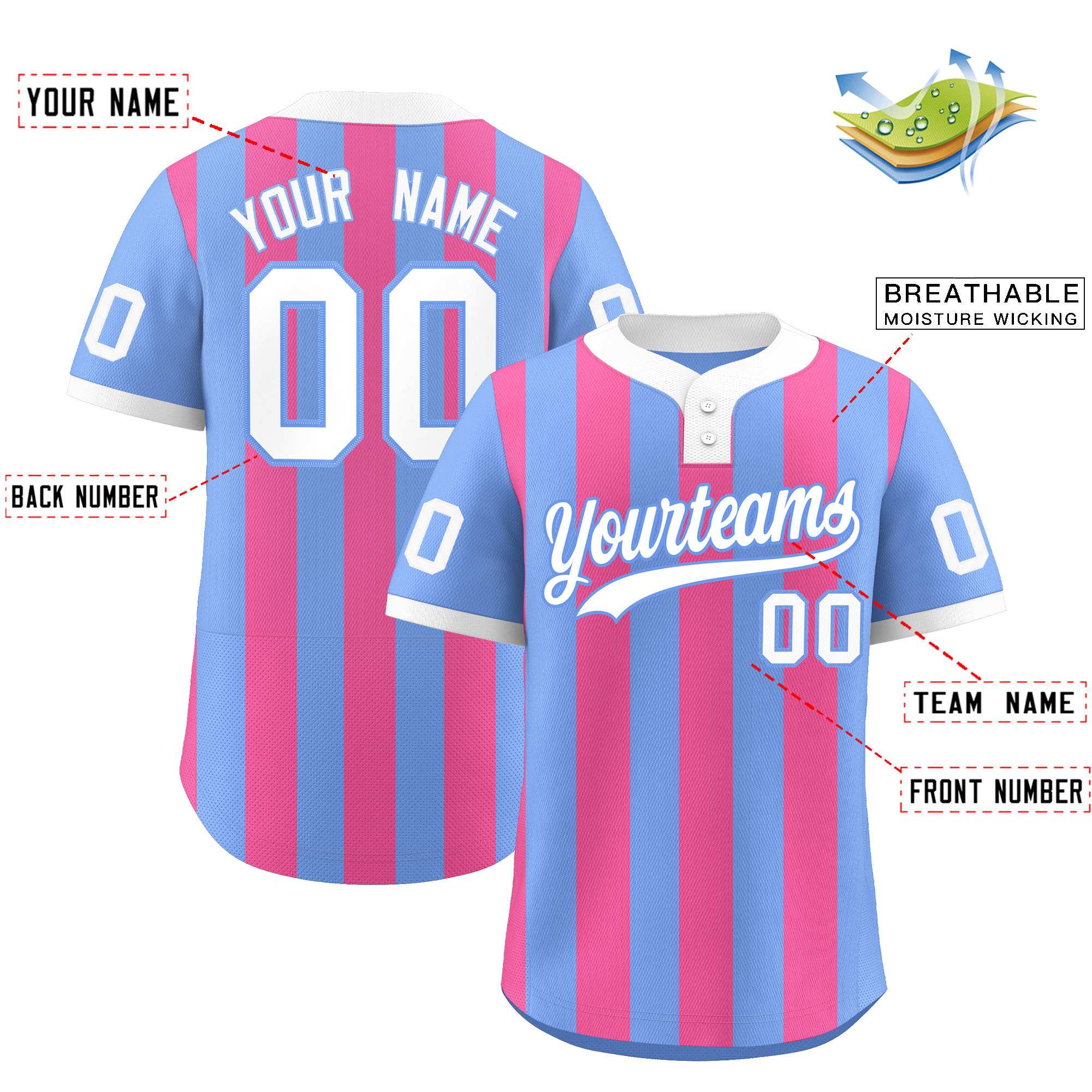 Custom Light Blue Pink Stripe Fashion Authentic Two-Button Baseball Jersey