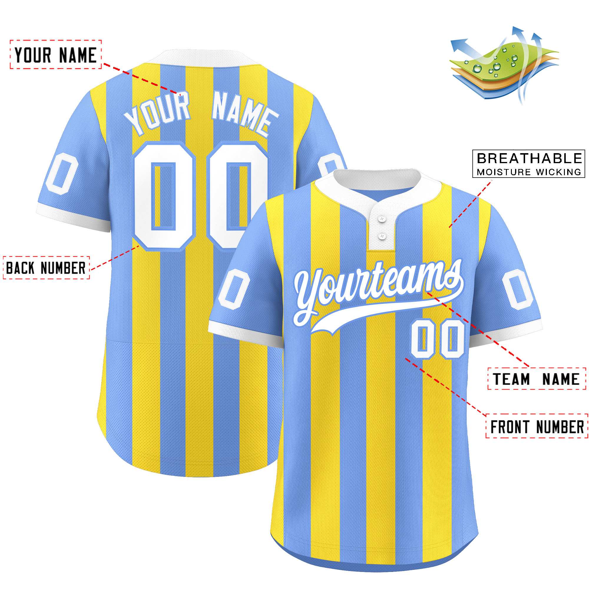 Custom Light Blue Gold Stripe Fashion Authentic Two-Button Baseball Jersey