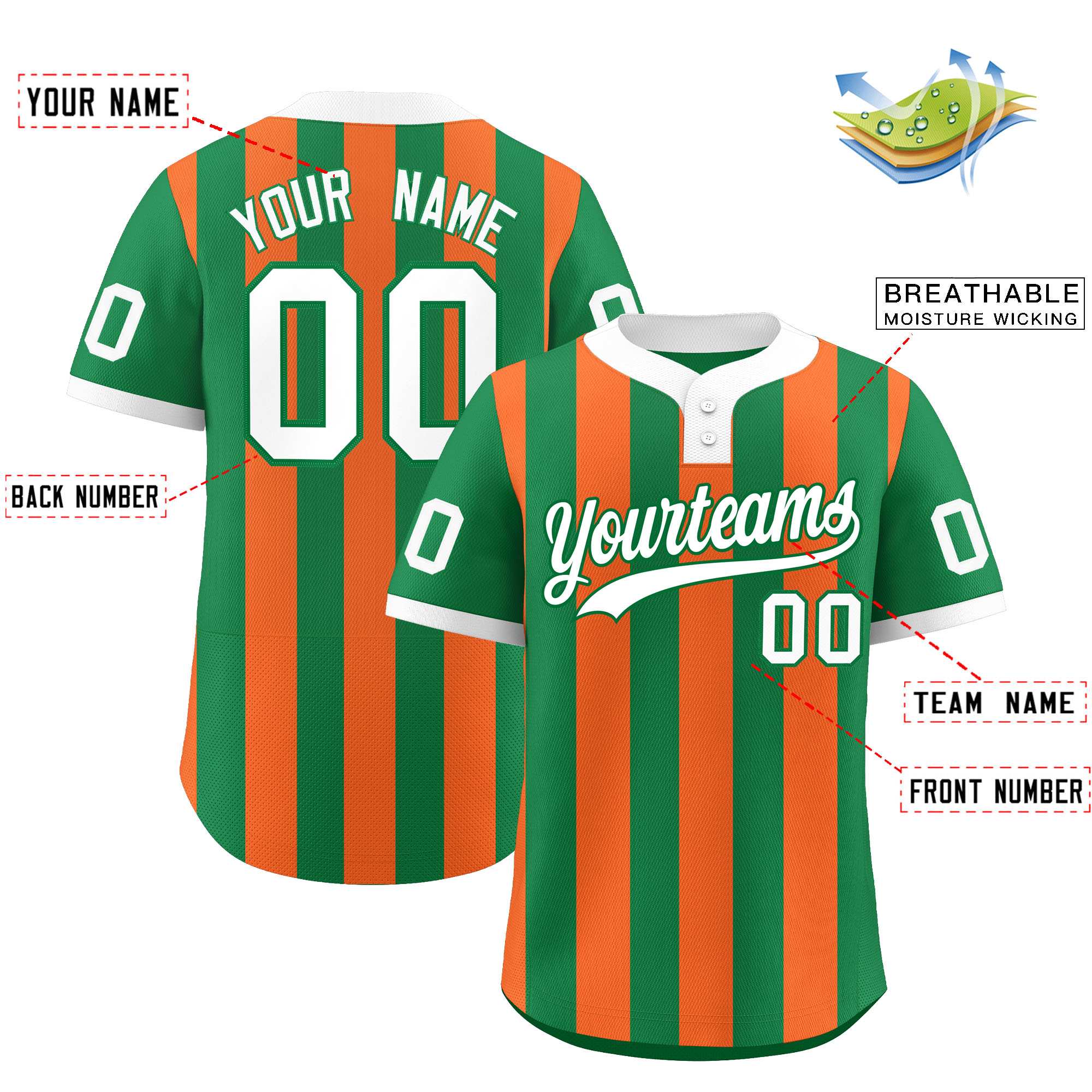 Custom Kelly Green Orange Stripe Fashion Authentic Two-Button Baseball Jersey