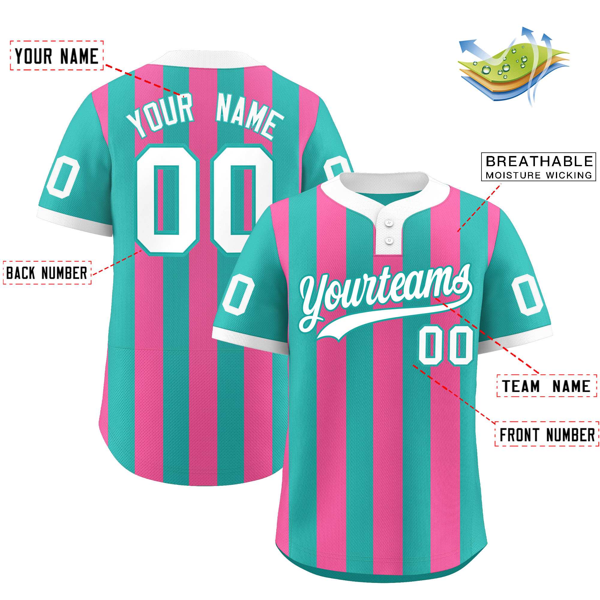 Custom Aqua Pink Stripe Fashion Authentic Two-Button Baseball Jersey