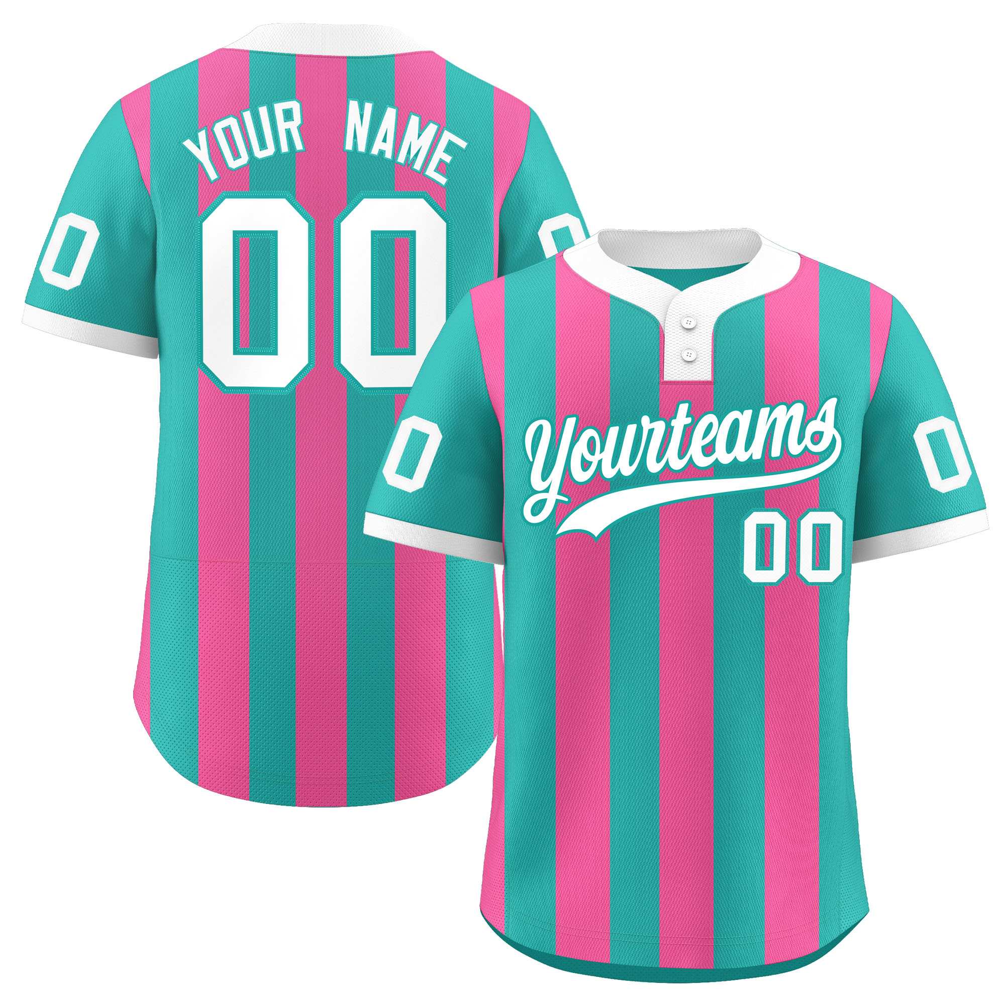 Custom Aqua Pink Stripe Fashion Authentic Two-Button Baseball Jersey