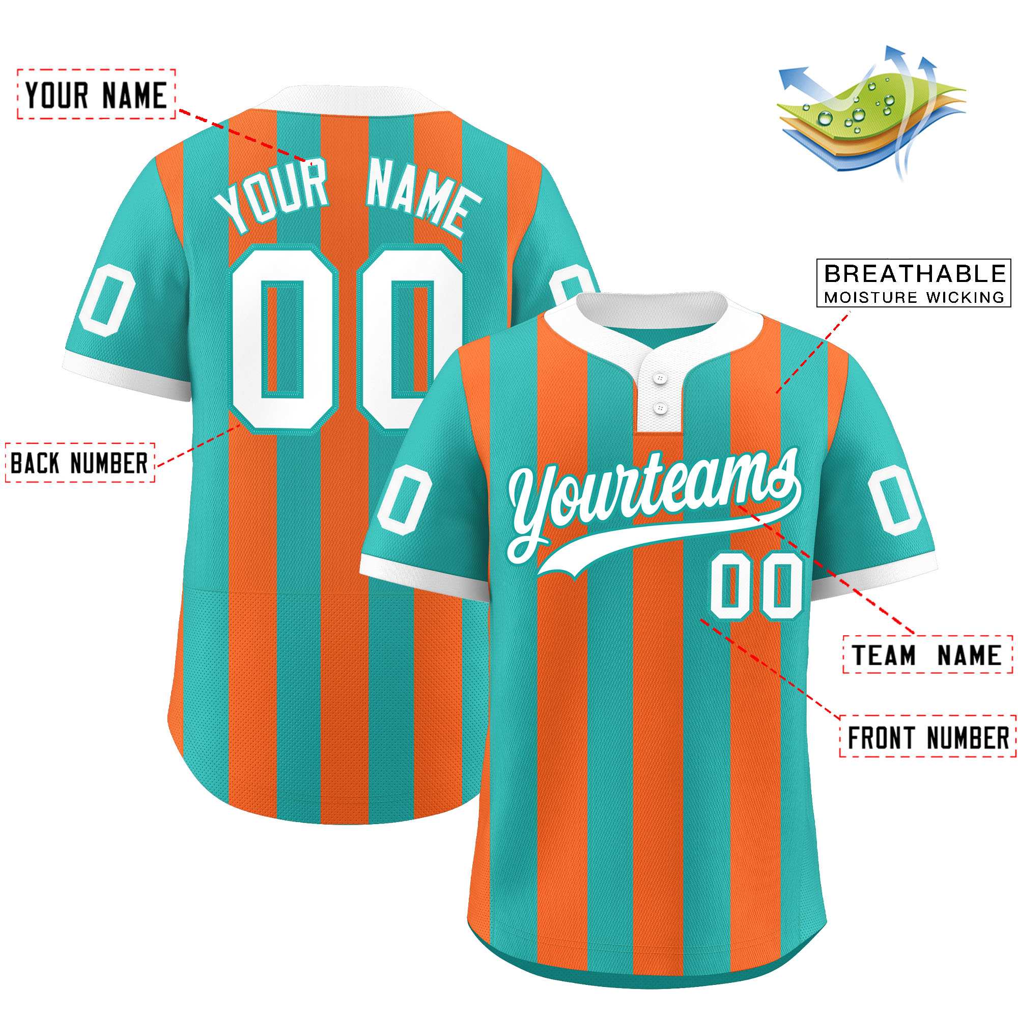 Custom Aqua Orange Stripe Fashion Authentic Two-Button Baseball Jersey