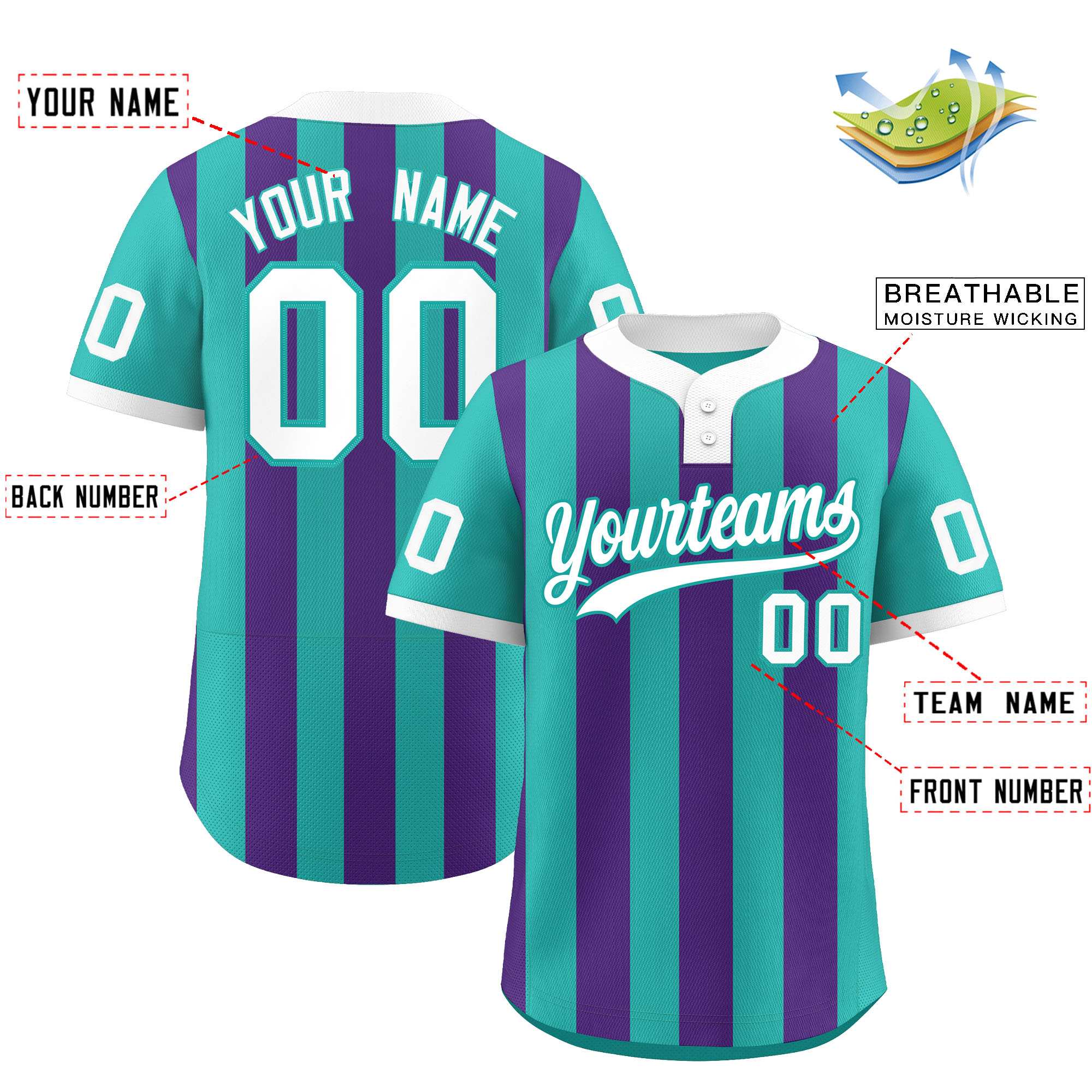 Custom Aqua Purple Stripe Fashion Authentic Two-Button Baseball Jersey