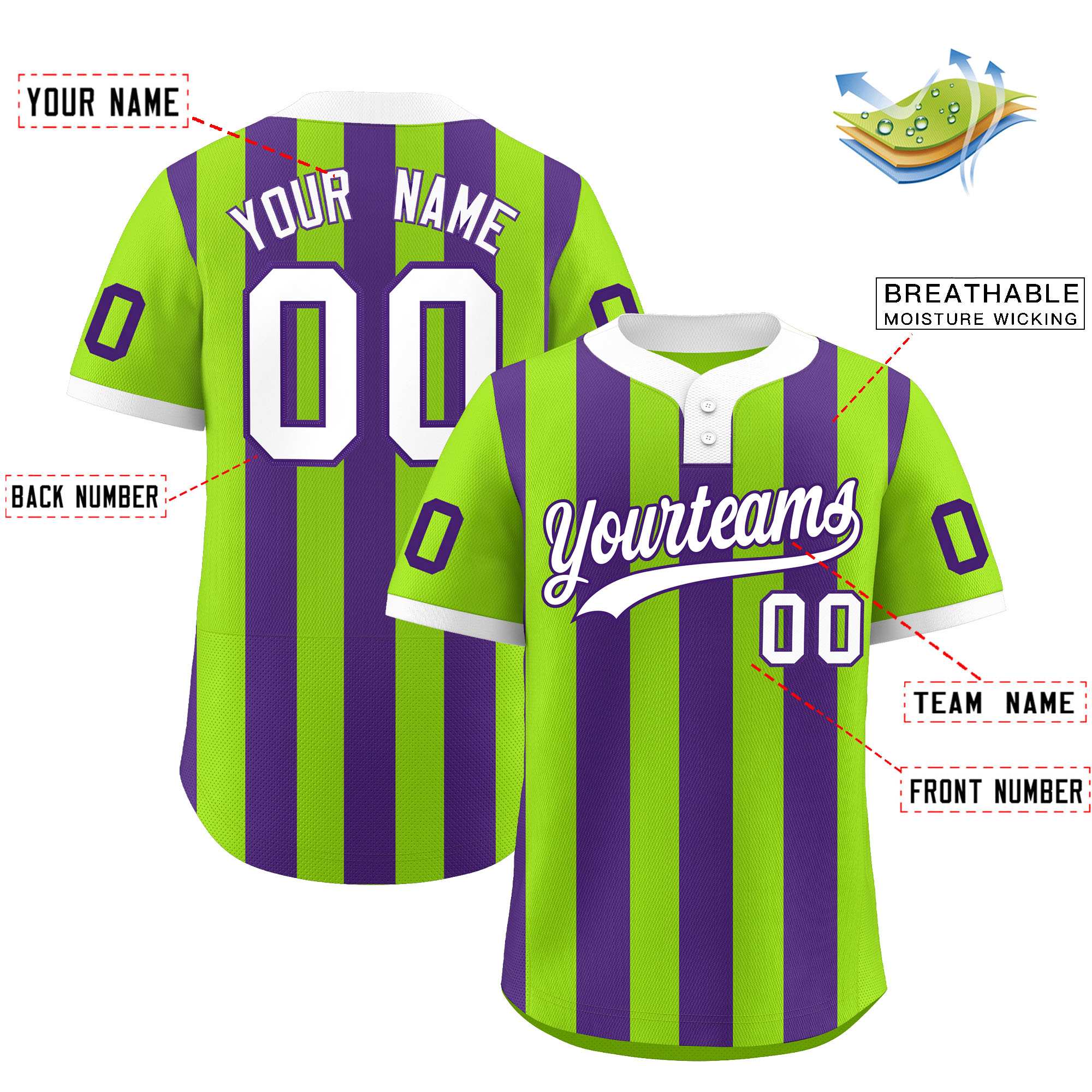 Custom Neon Green Purple Stripe Fashion Authentic Two-Button Baseball Jersey