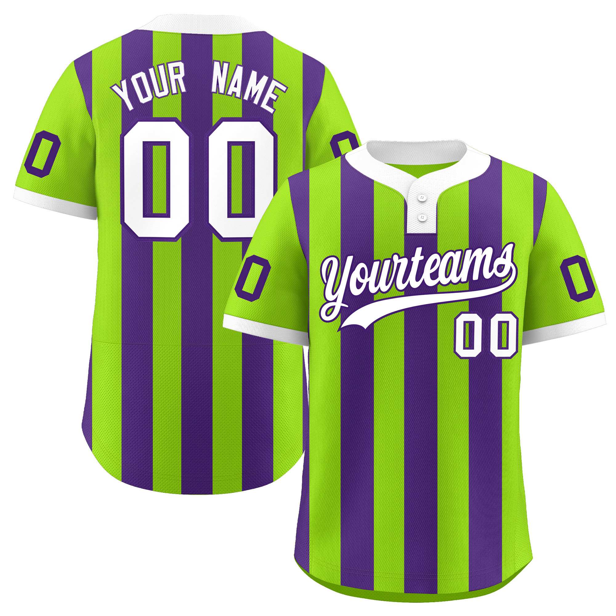 Custom Neon Green Purple Stripe Fashion Authentic Two-Button Baseball Jersey