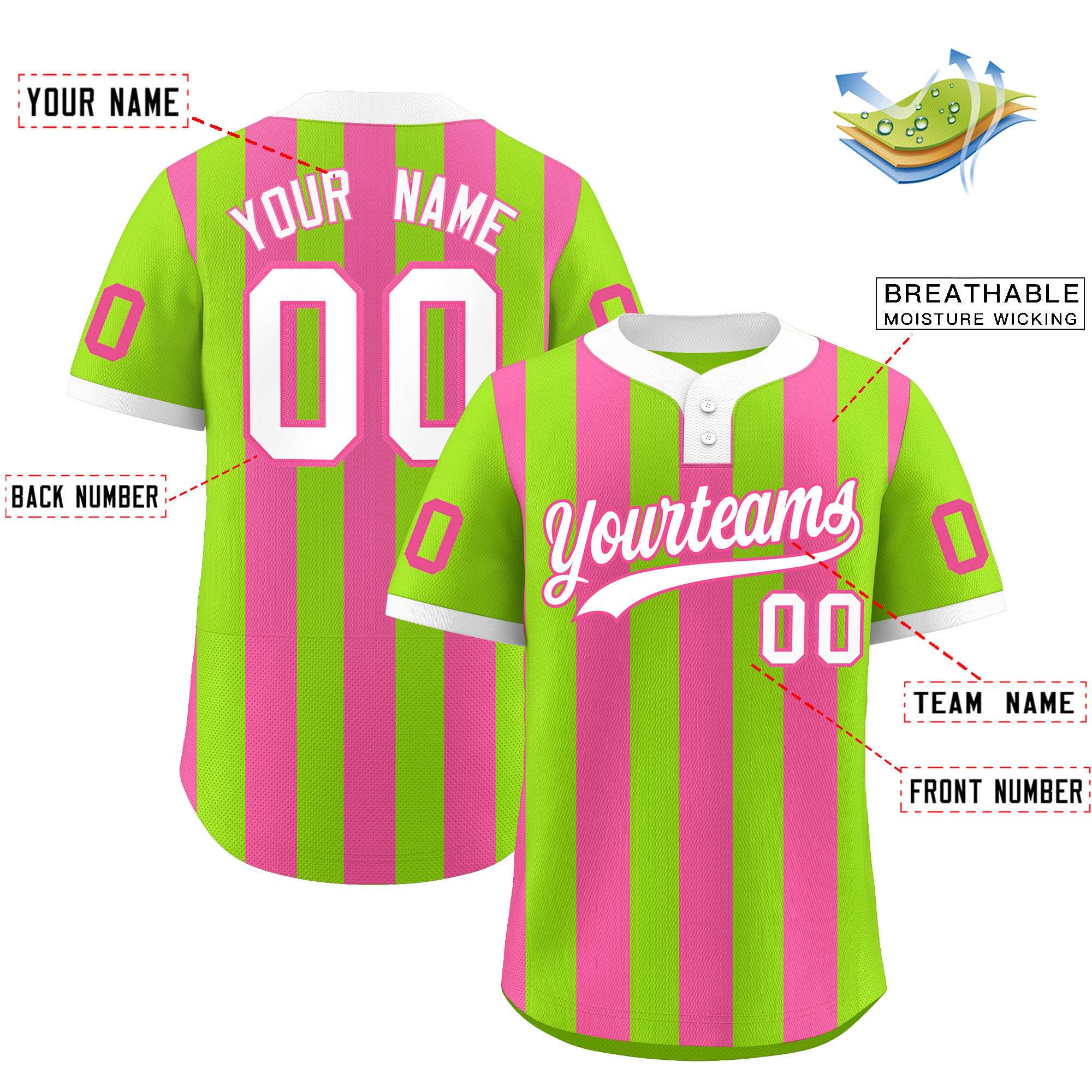 Custom Neon Green Pink Stripe Fashion Authentic Two-Button Baseball Jersey