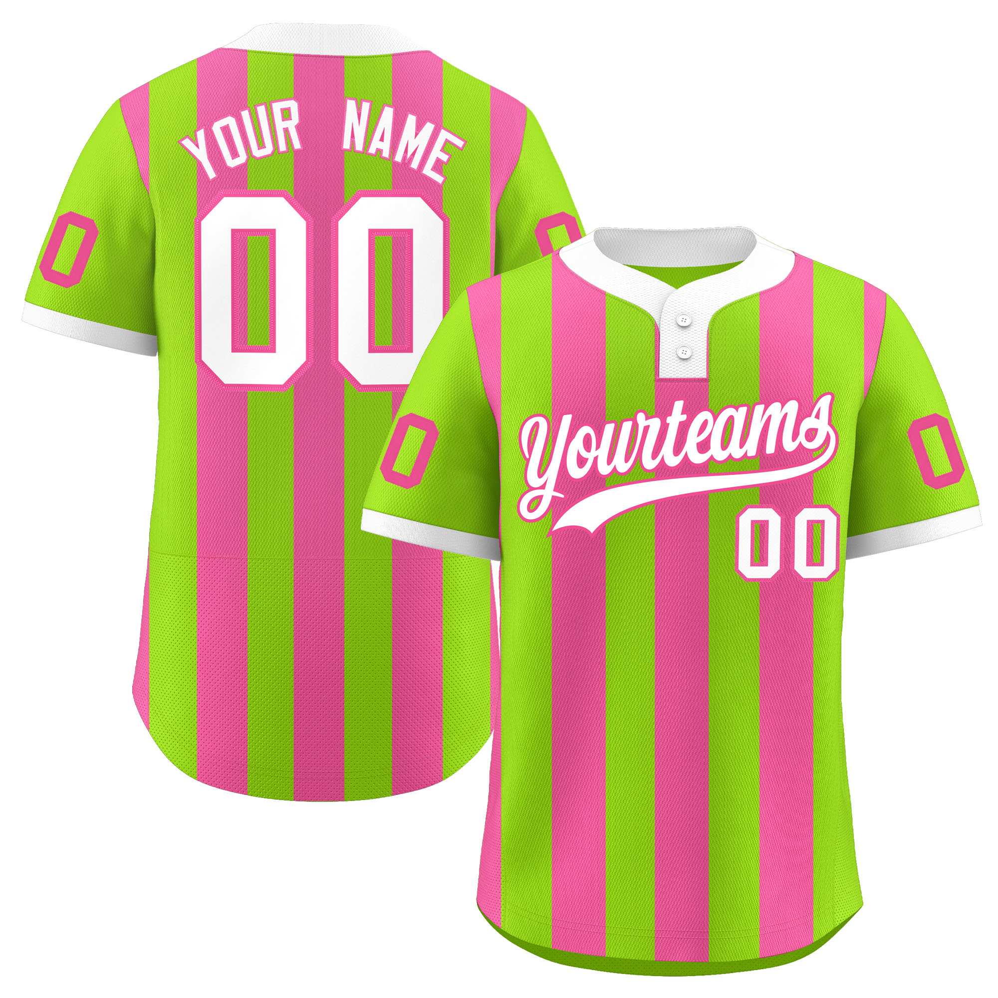 Custom Neon Green Pink Stripe Fashion Authentic Two-Button Baseball Jersey