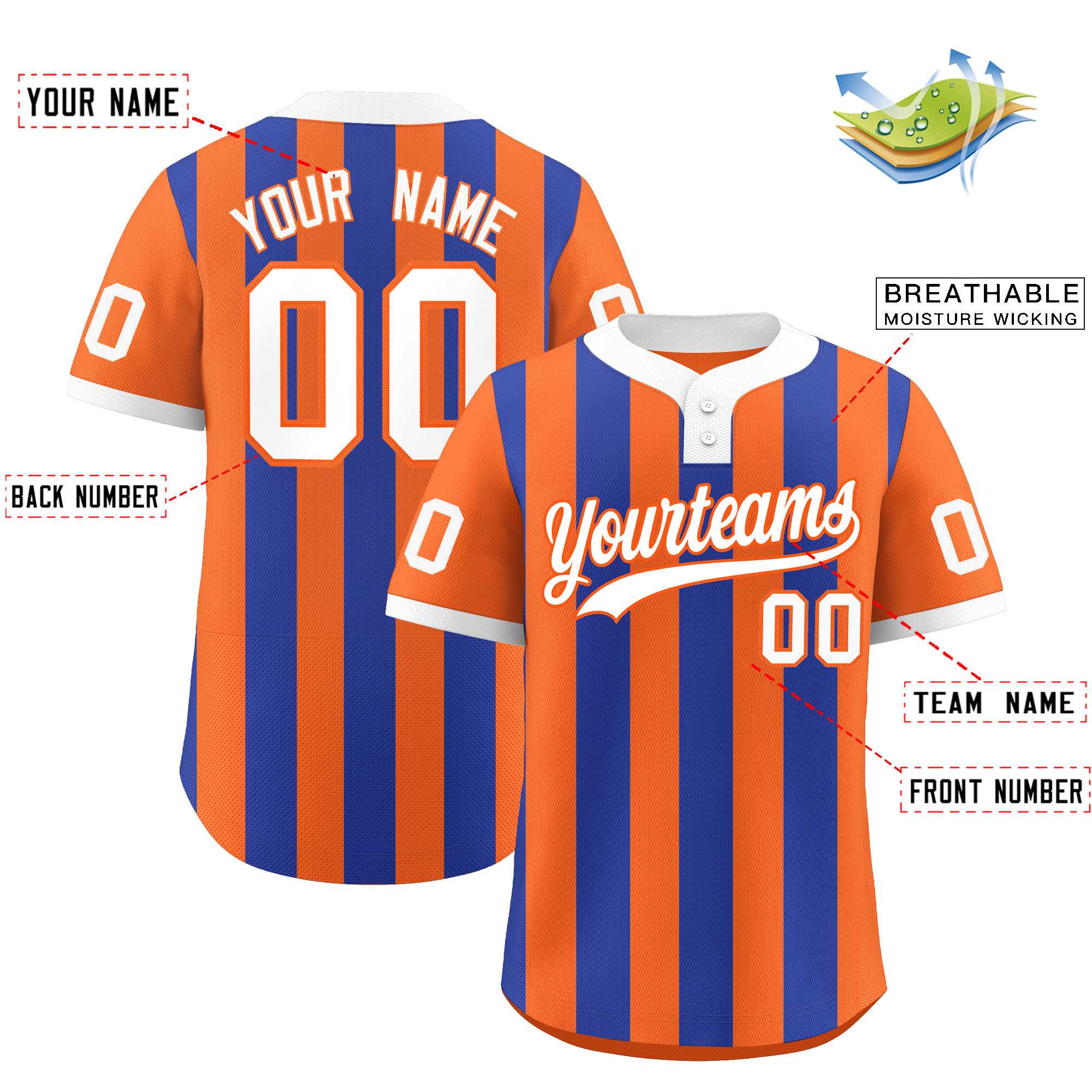 Custom Orange Royal Stripe Fashion Authentic Two-Button Baseball Jersey