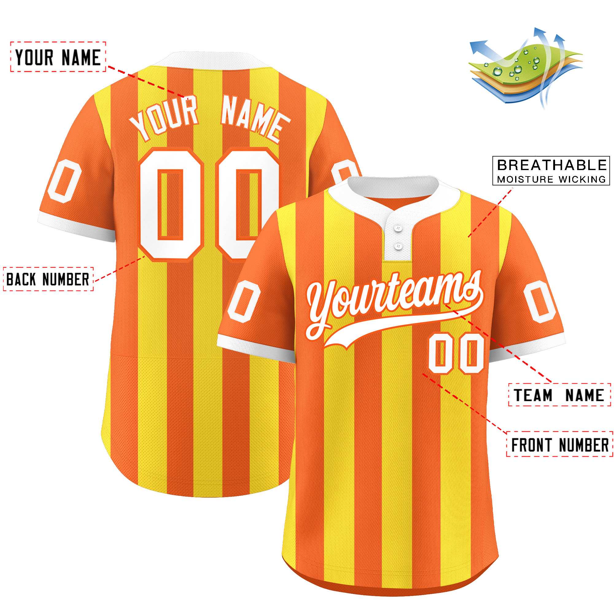 Custom Orange Gold Stripe Fashion Authentic Two-Button Baseball Jersey