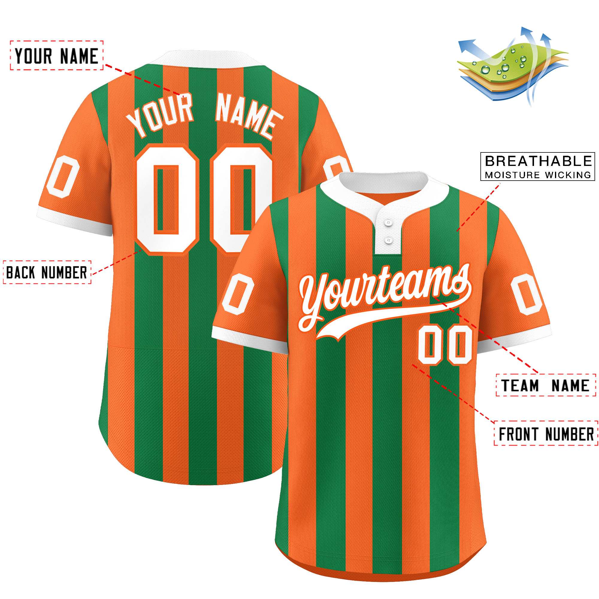 Custom Orange Kelly Green Stripe Fashion Authentic Two-Button Baseball Jersey