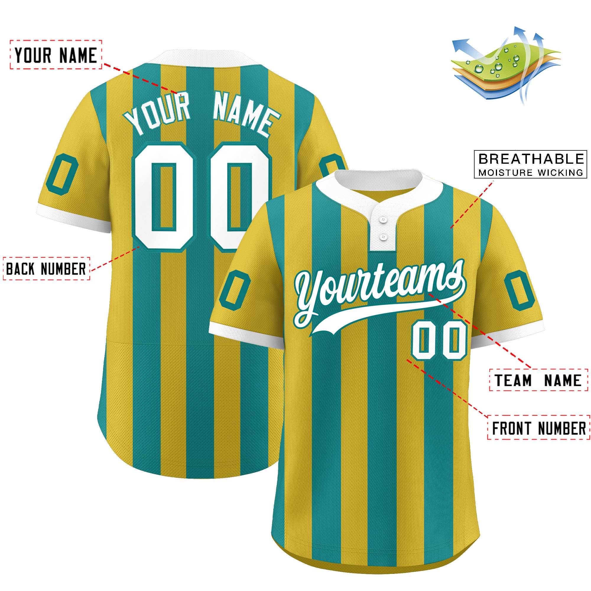 Custom Old Gold Aqua Stripe Fashion Authentic Two-Button Baseball Jersey