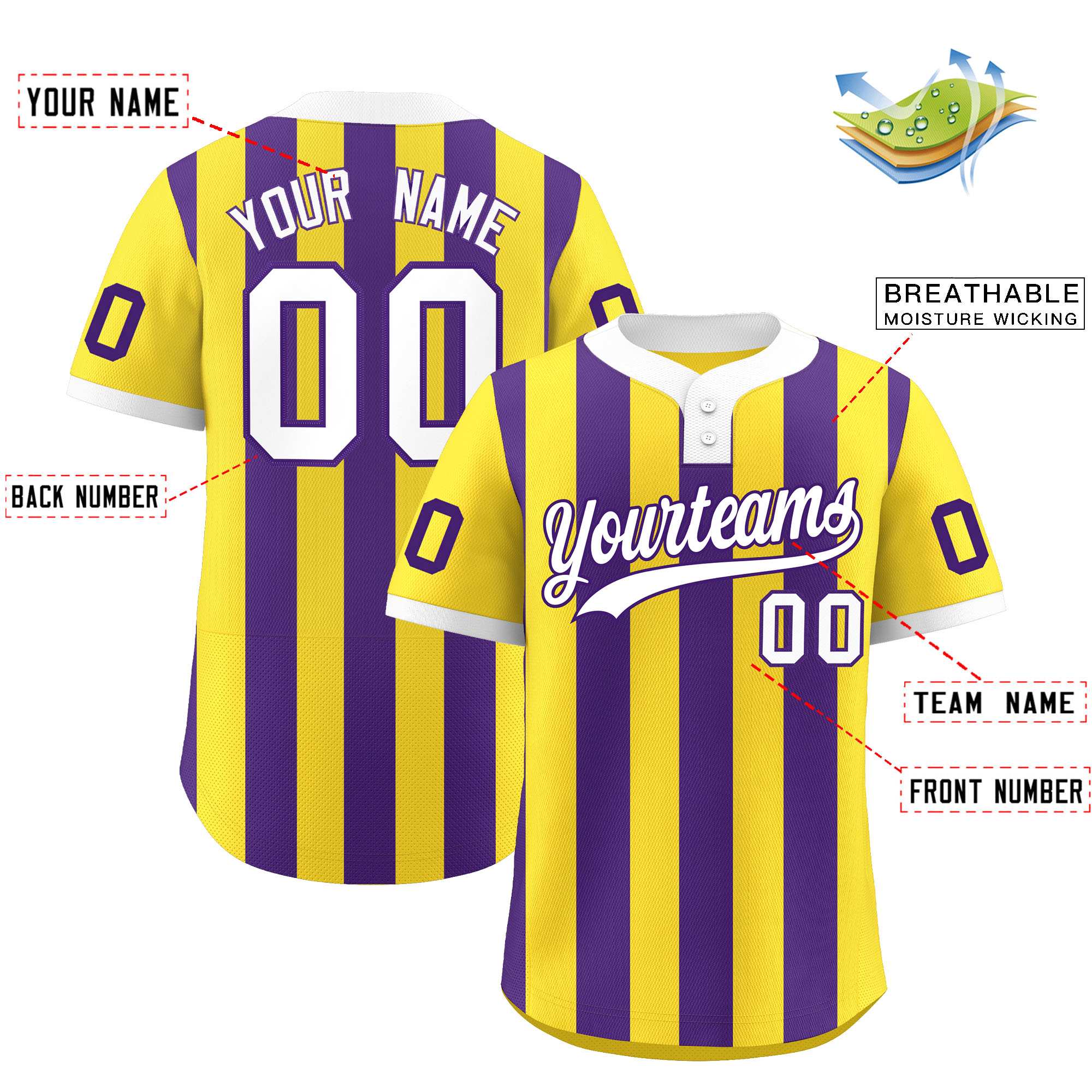 Custom Gold Purple Stripe Fashion Authentic Two-Button Baseball Jersey