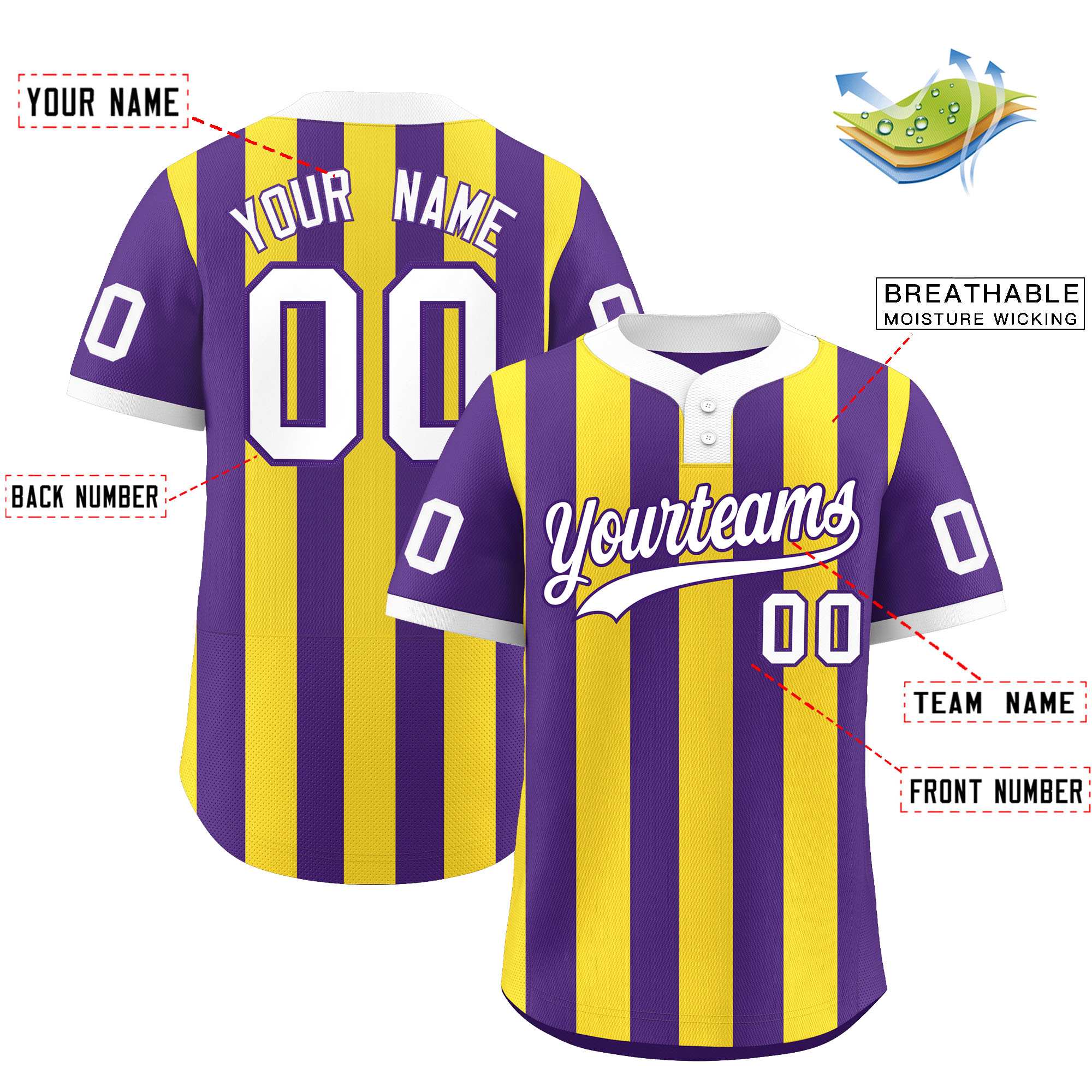 Custom Purple Gold Stripe Fashion Authentic Two-Button Baseball Jersey