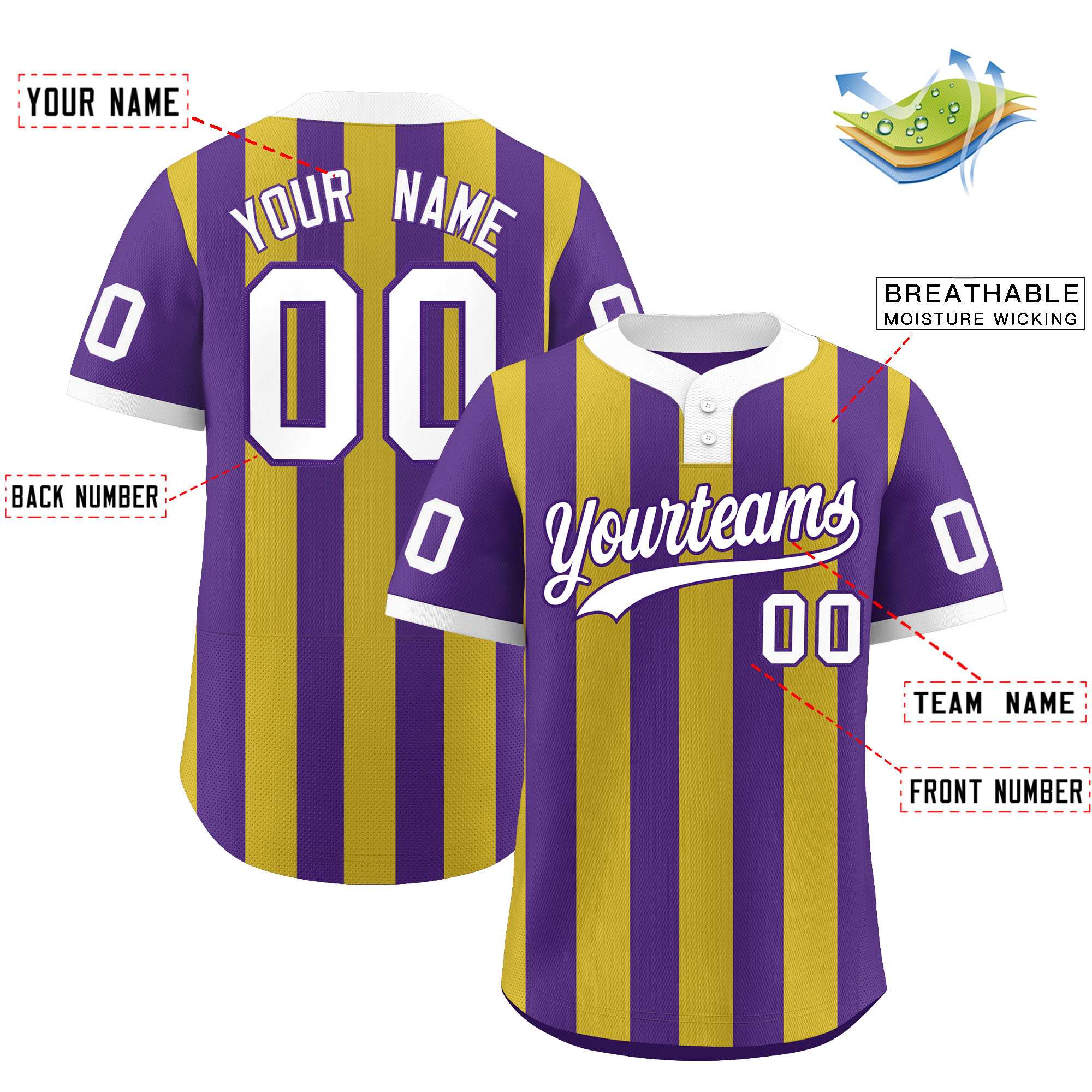 Custom Purple Old Gold Stripe Fashion Authentic Two-Button Baseball Jersey