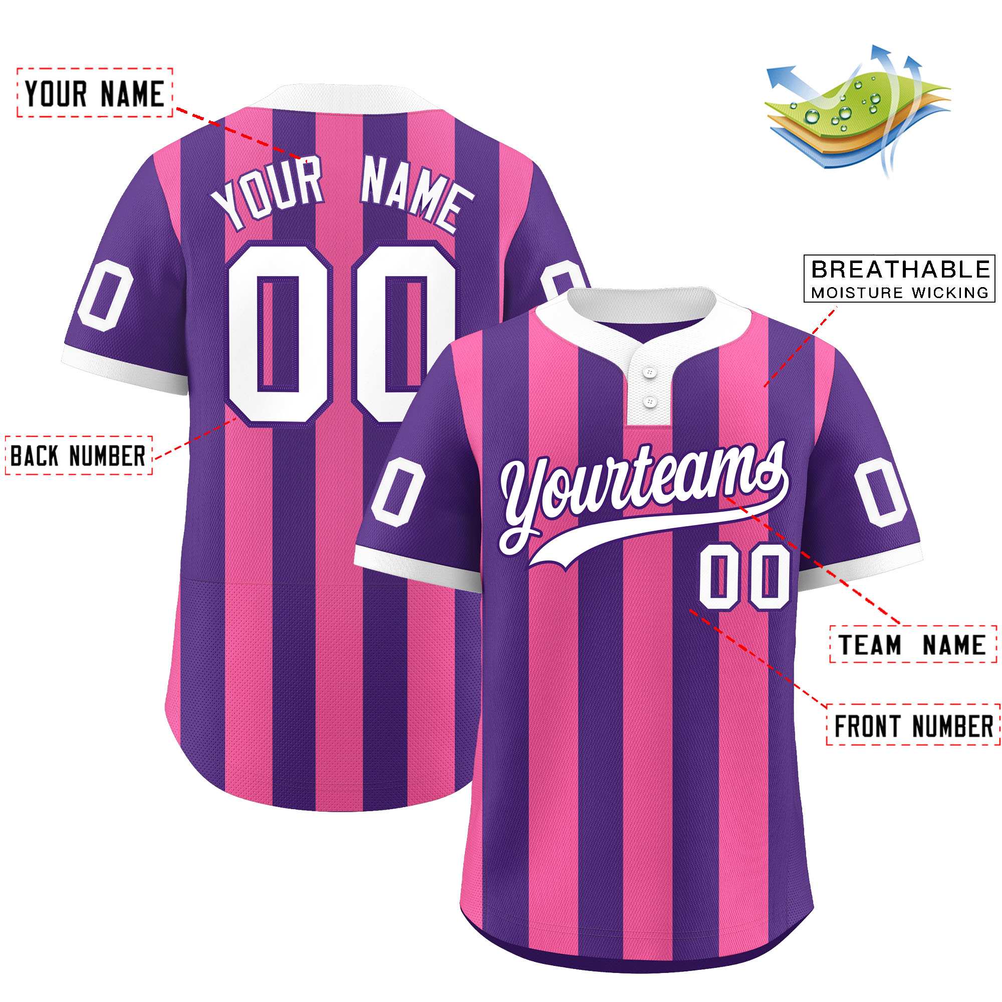 Custom Purple Pink Stripe Fashion Authentic Two-Button Baseball Jersey