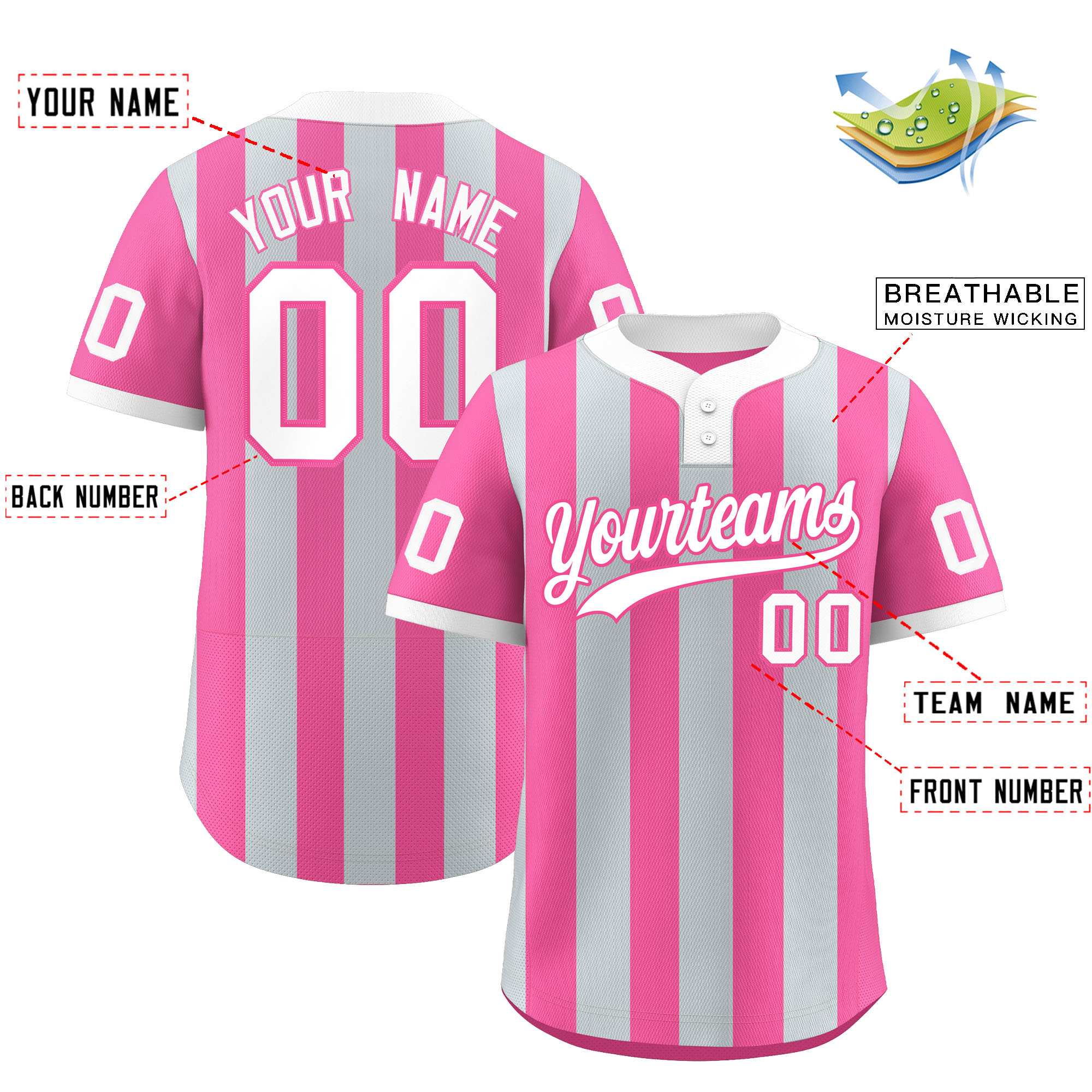 Custom Silver Pink Stripe Fashion Authentic Two-Button Baseball Jersey