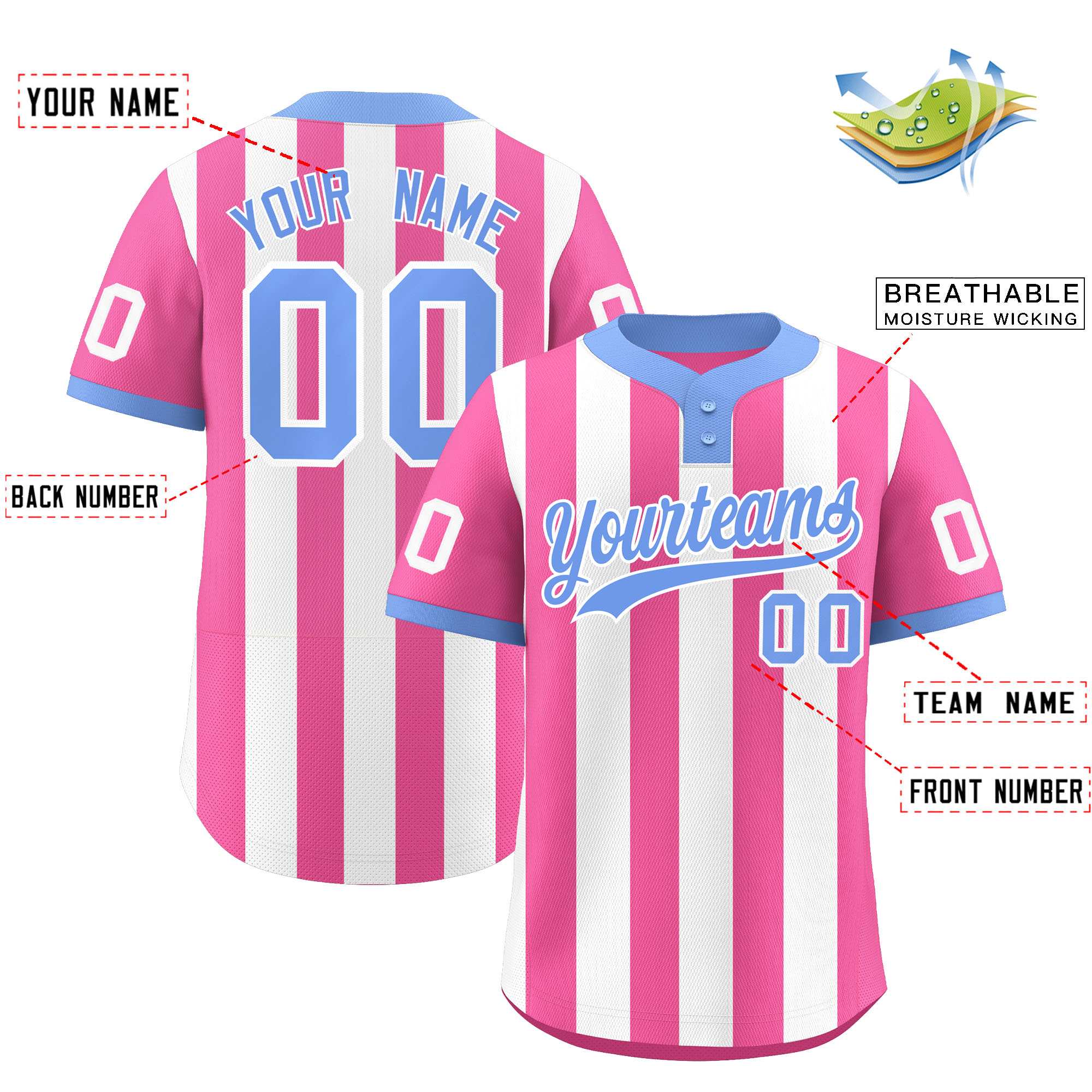 Custom Pink White Stripe Fashion Authentic Two-Button Baseball Jersey