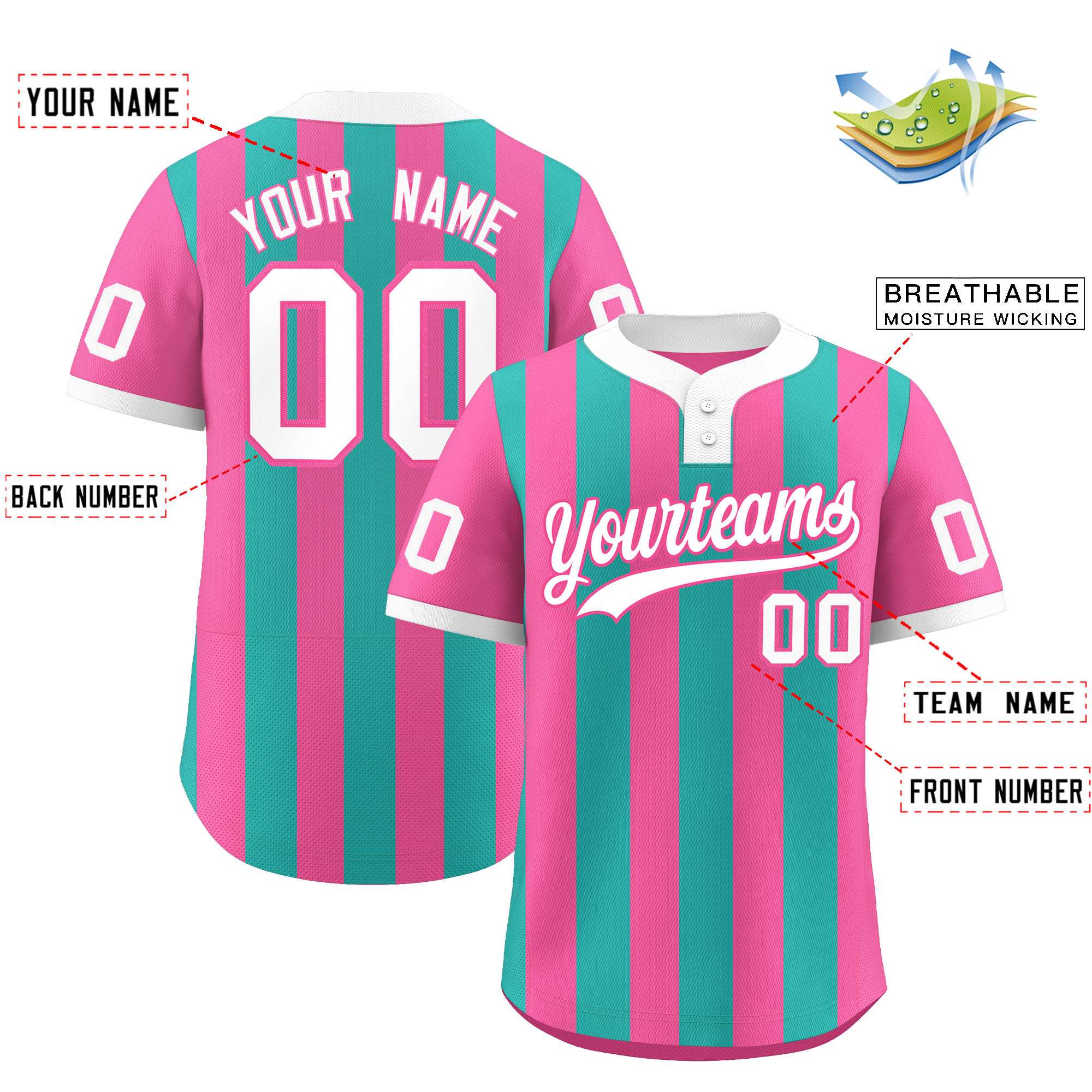 Custom Pink Aqua Stripe Fashion Authentic Two-Button Baseball Jersey