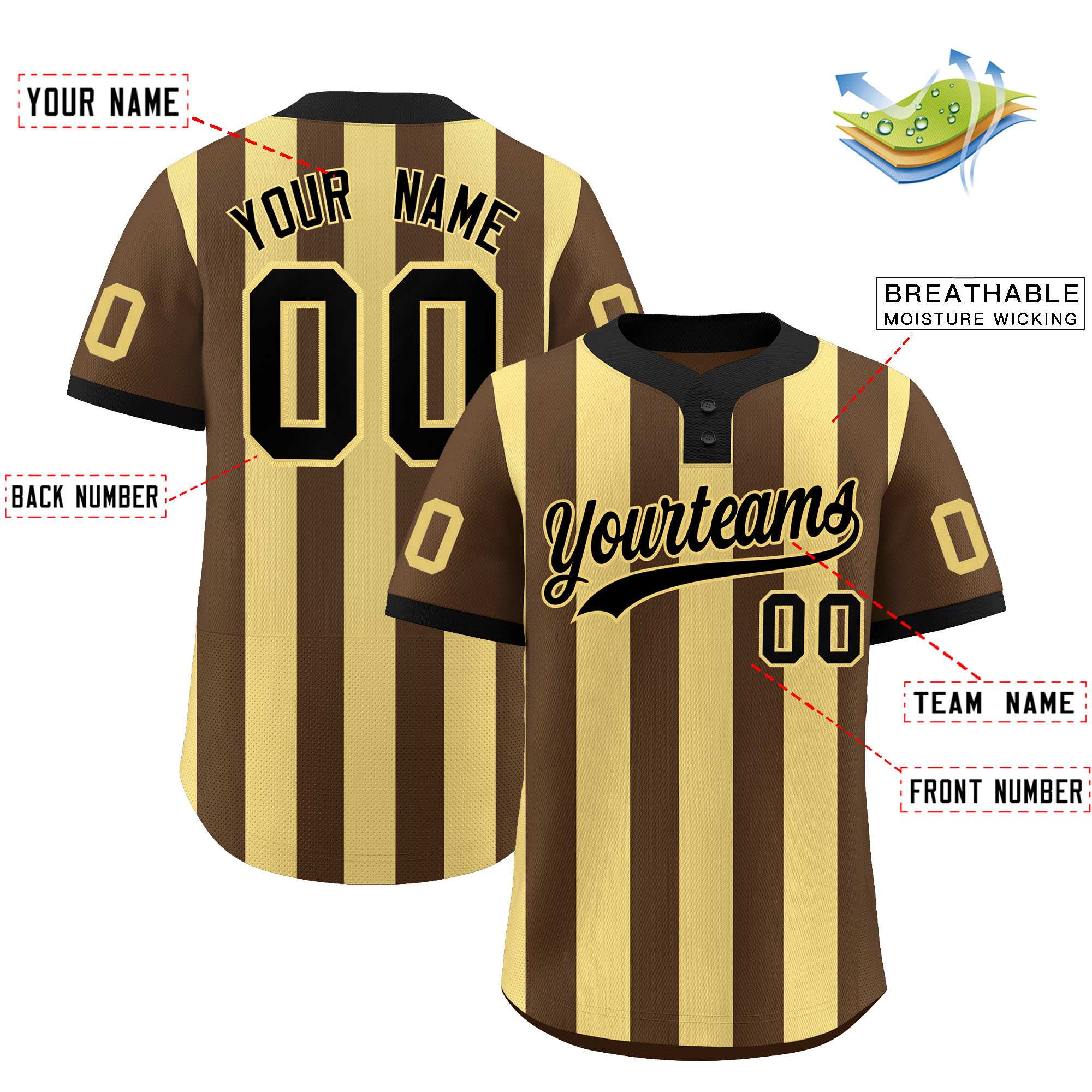 Custom Brown Khaki Stripe Fashion Authentic Two-Button Baseball Jersey