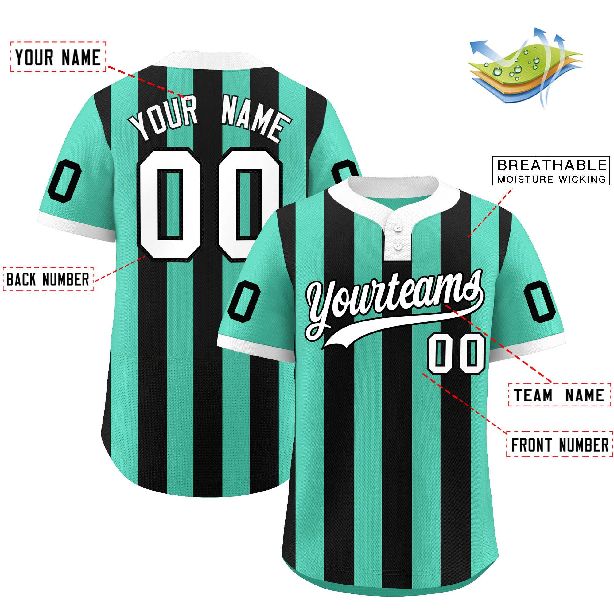 Custom Bright Green Black Stripe Fashion Authentic Two-Button Baseball Jersey