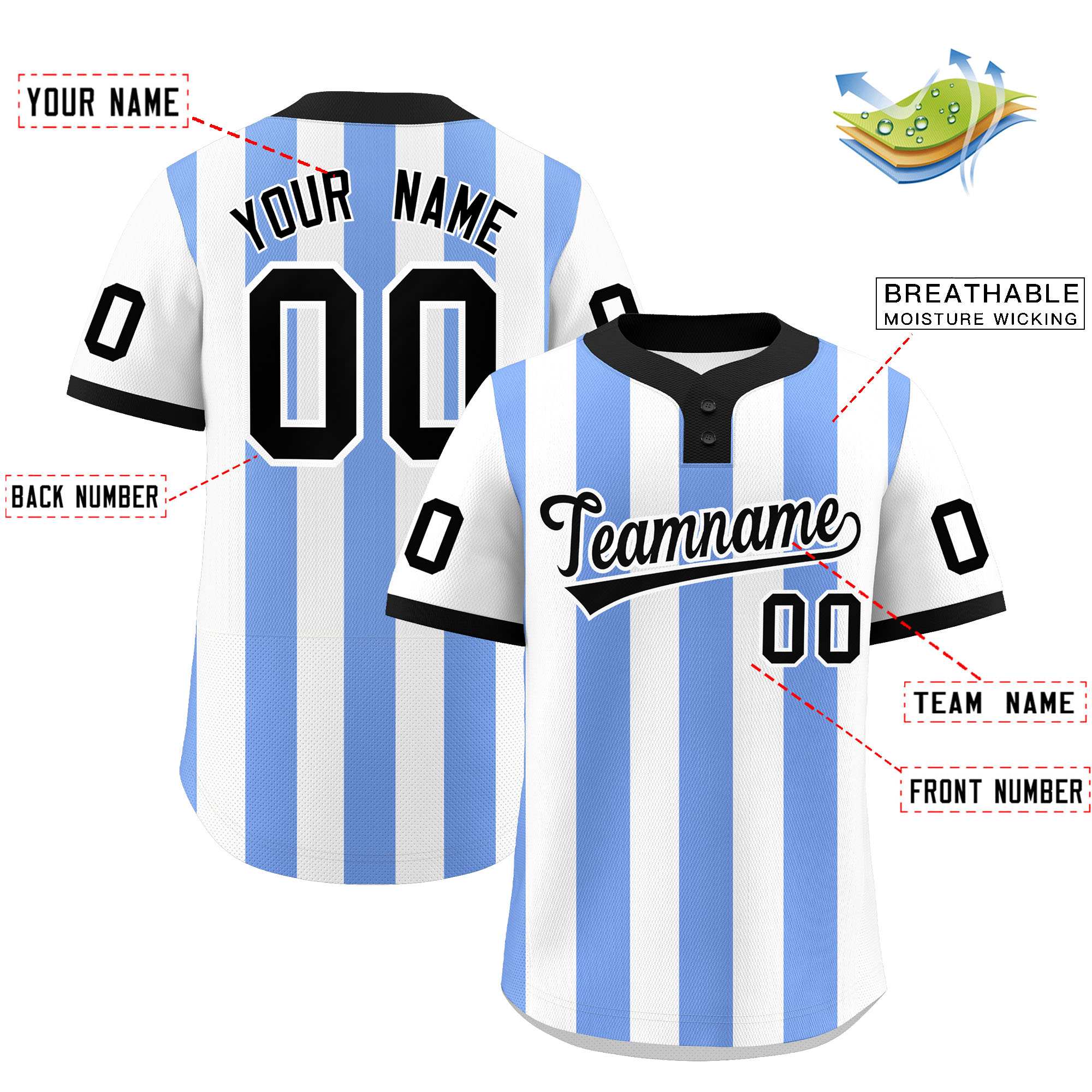 Custom White Light Blue Stripe Fashion Authentic Two-Button Baseball Jersey