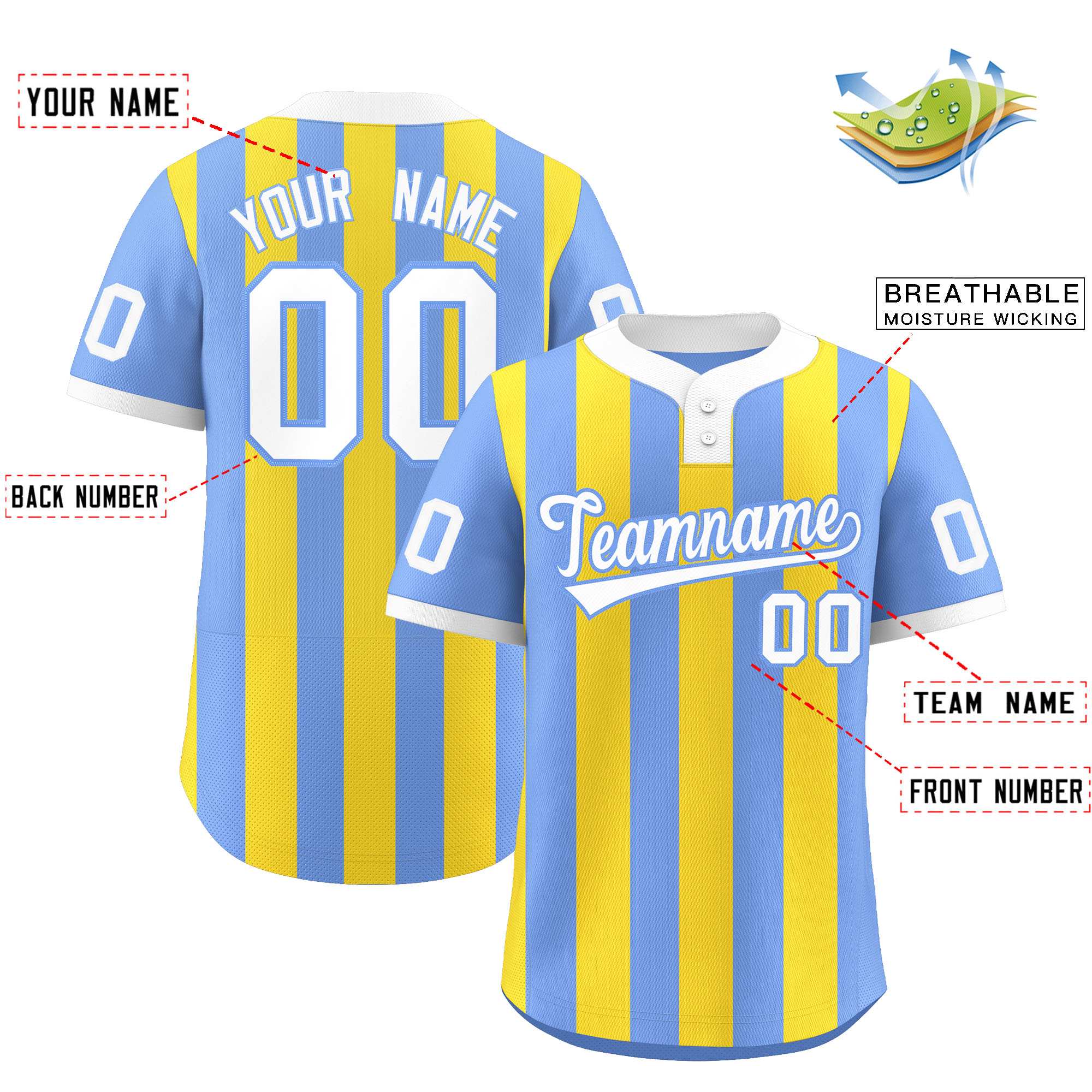 Custom Light Blue Gold Stripe Fashion Authentic Two-Button Baseball Jersey