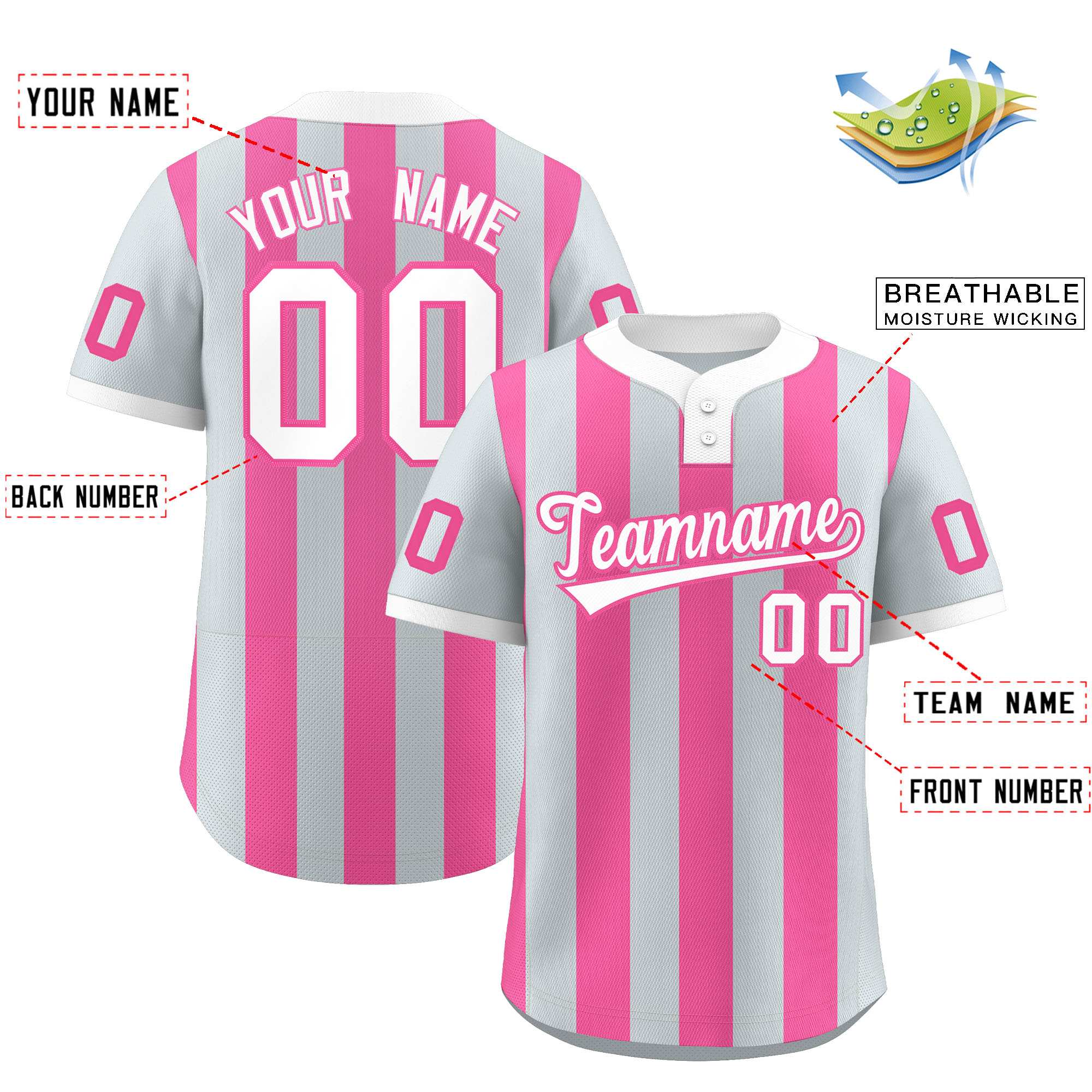 Custom Silver Pink Stripe Fashion Authentic Two-Button Baseball Jersey