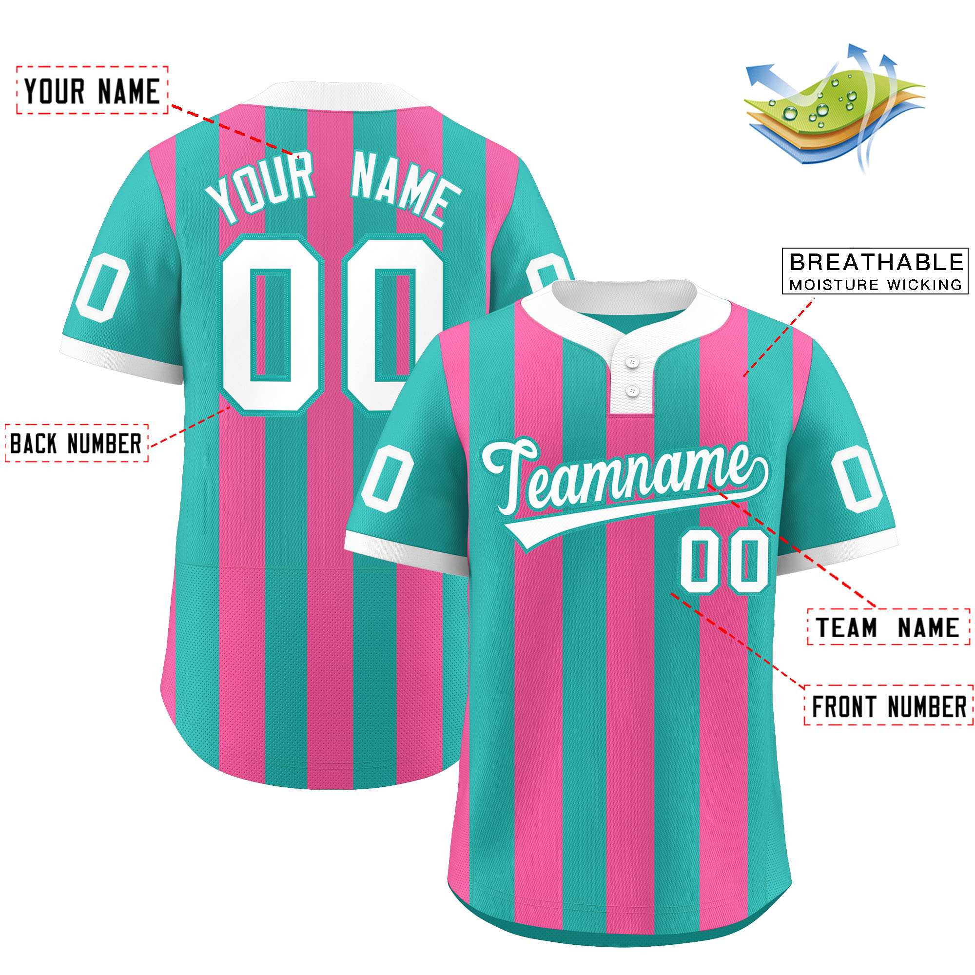 Custom Aqua Pink Stripe Fashion Authentic Two-Button Baseball Jersey