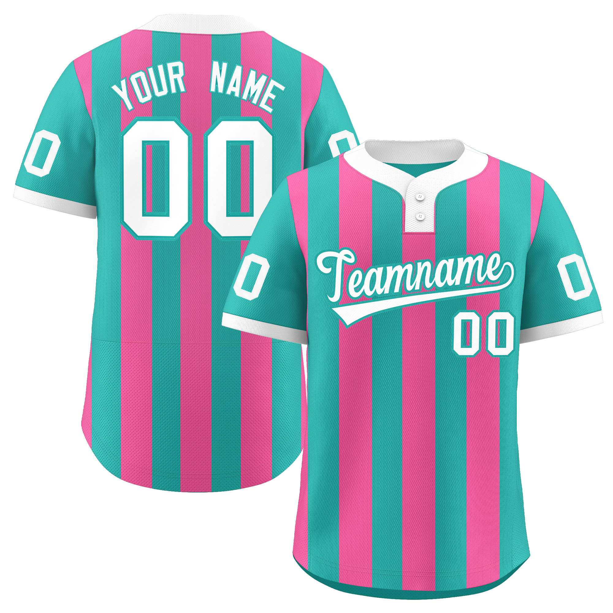 Custom Aqua Pink Stripe Fashion Authentic Two-Button Baseball Jersey