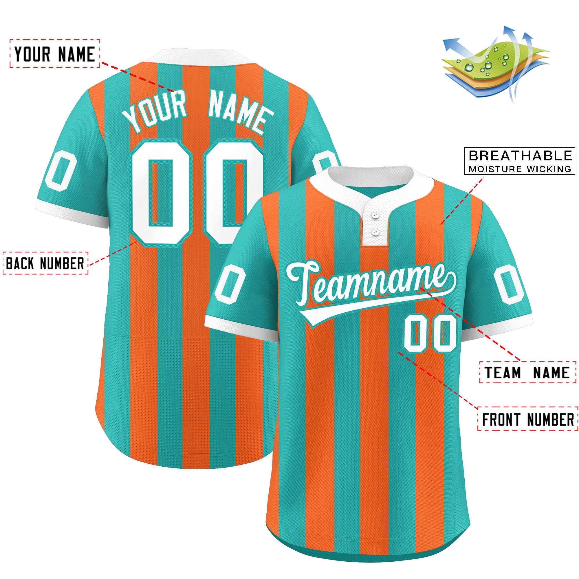 Custom Aqua Orange Stripe Fashion Authentic Two-Button Baseball Jersey