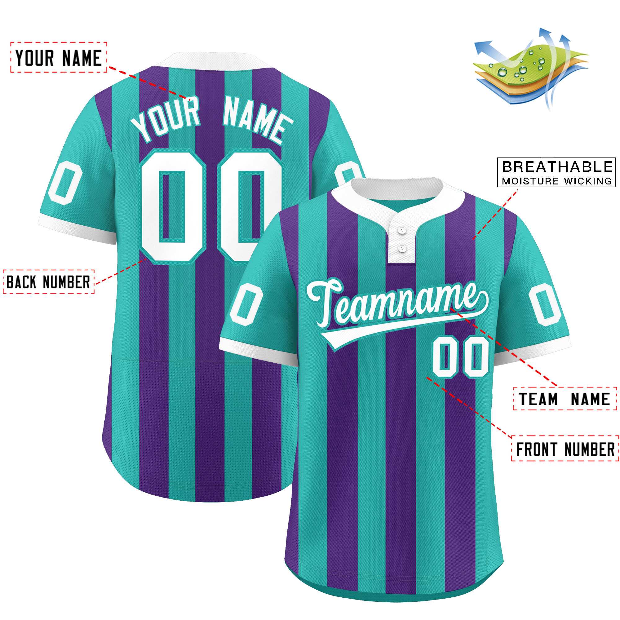 Custom Aqua Purple Stripe Fashion Authentic Two-Button Baseball Jersey