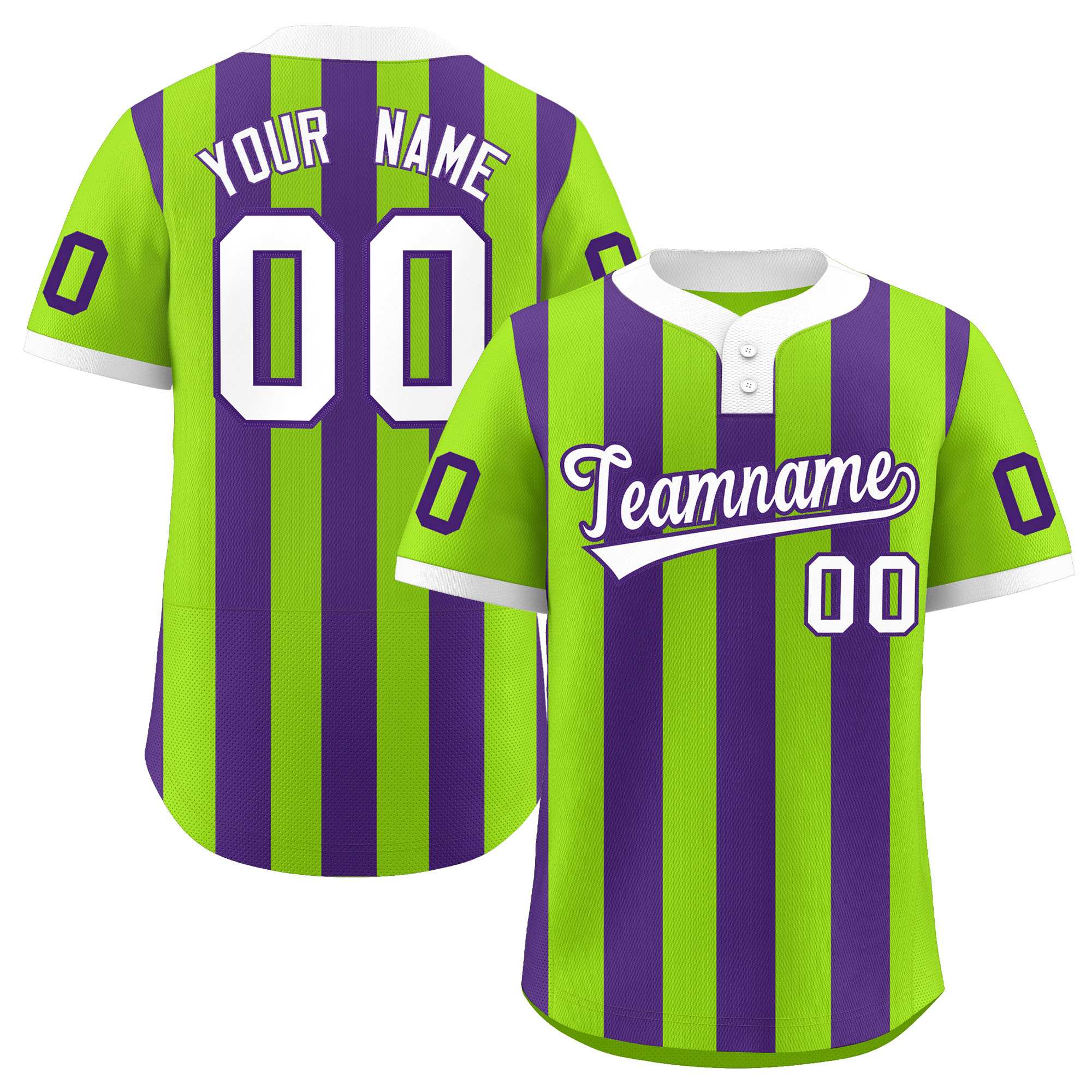 Custom Neon Green Purple Stripe Fashion Authentic Two-Button Baseball Jersey