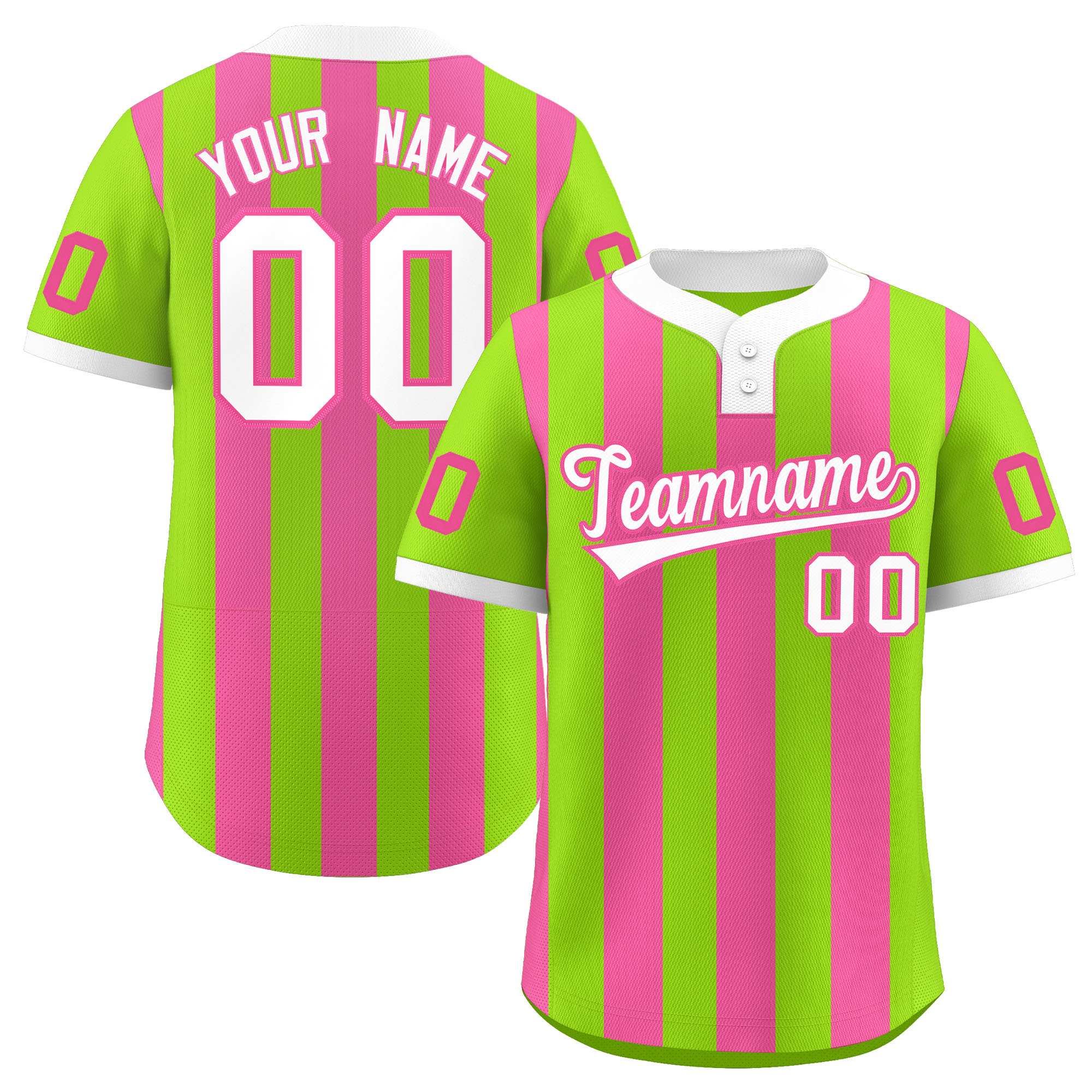 Custom Neon Green Pink Stripe Fashion Authentic Two-Button Baseball Jersey