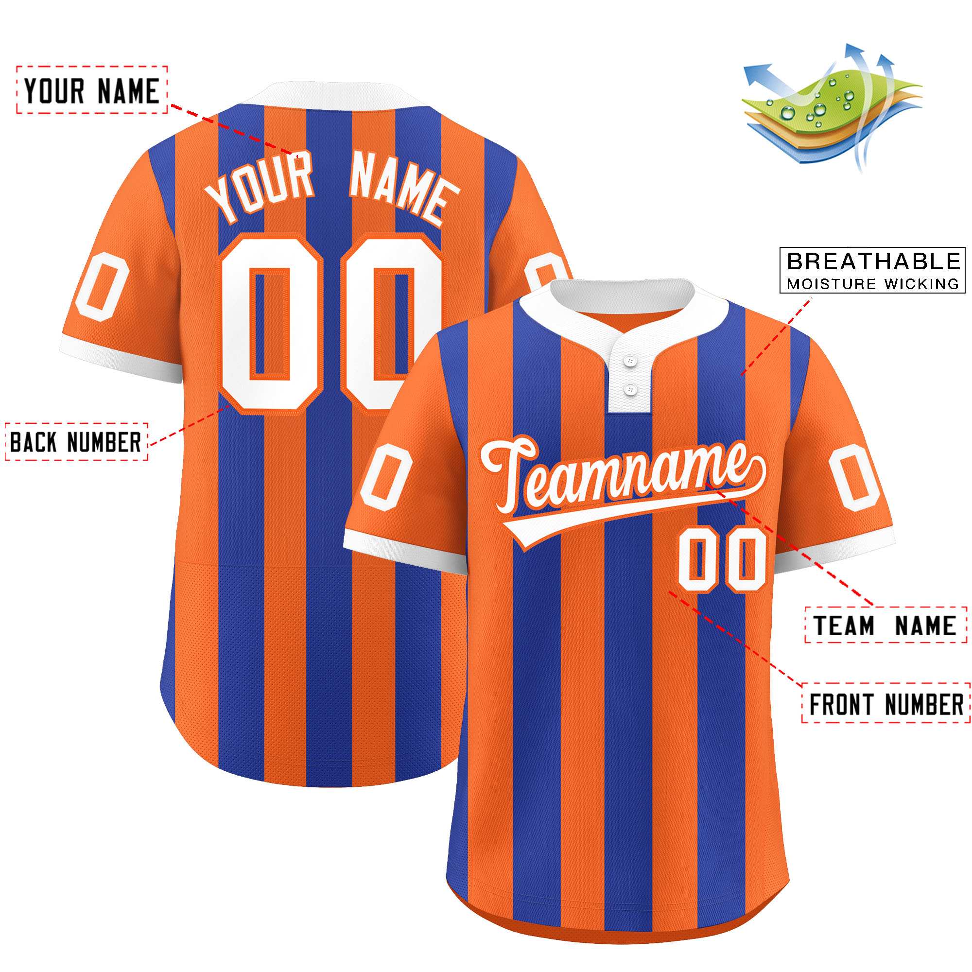 Custom Orange Royal Stripe Fashion Authentic Two-Button Baseball Jersey