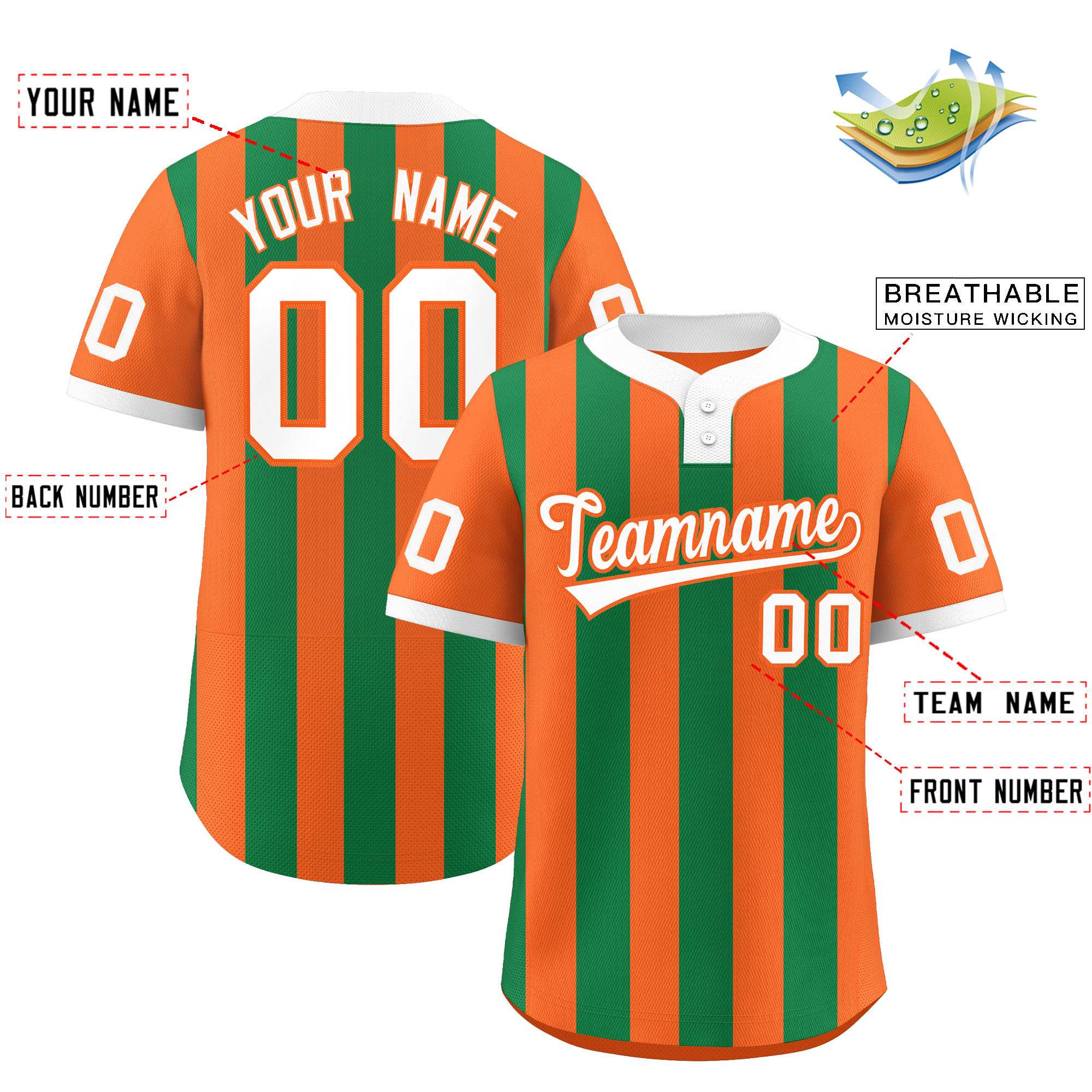 Custom Orange Kelly Green Stripe Fashion Authentic Two-Button Baseball Jersey