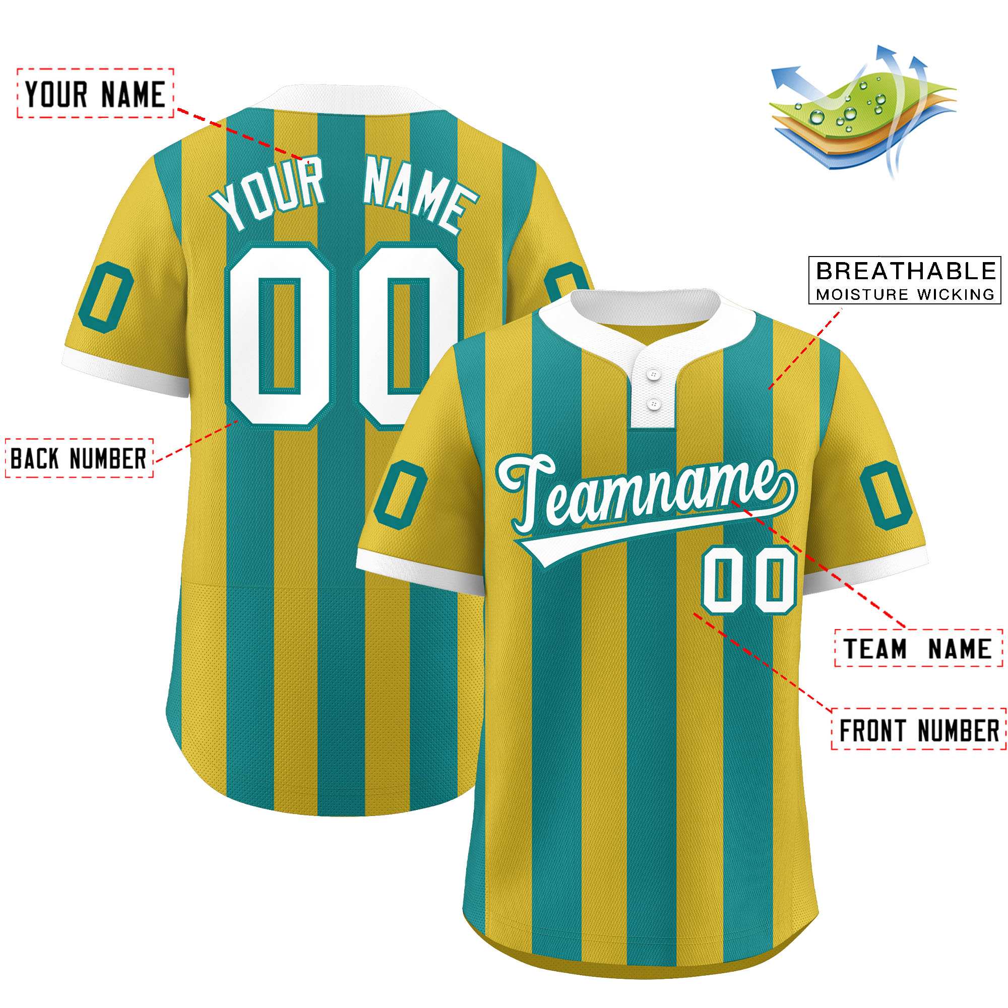 Custom Old Gold Aqua Stripe Fashion Authentic Two-Button Baseball Jersey