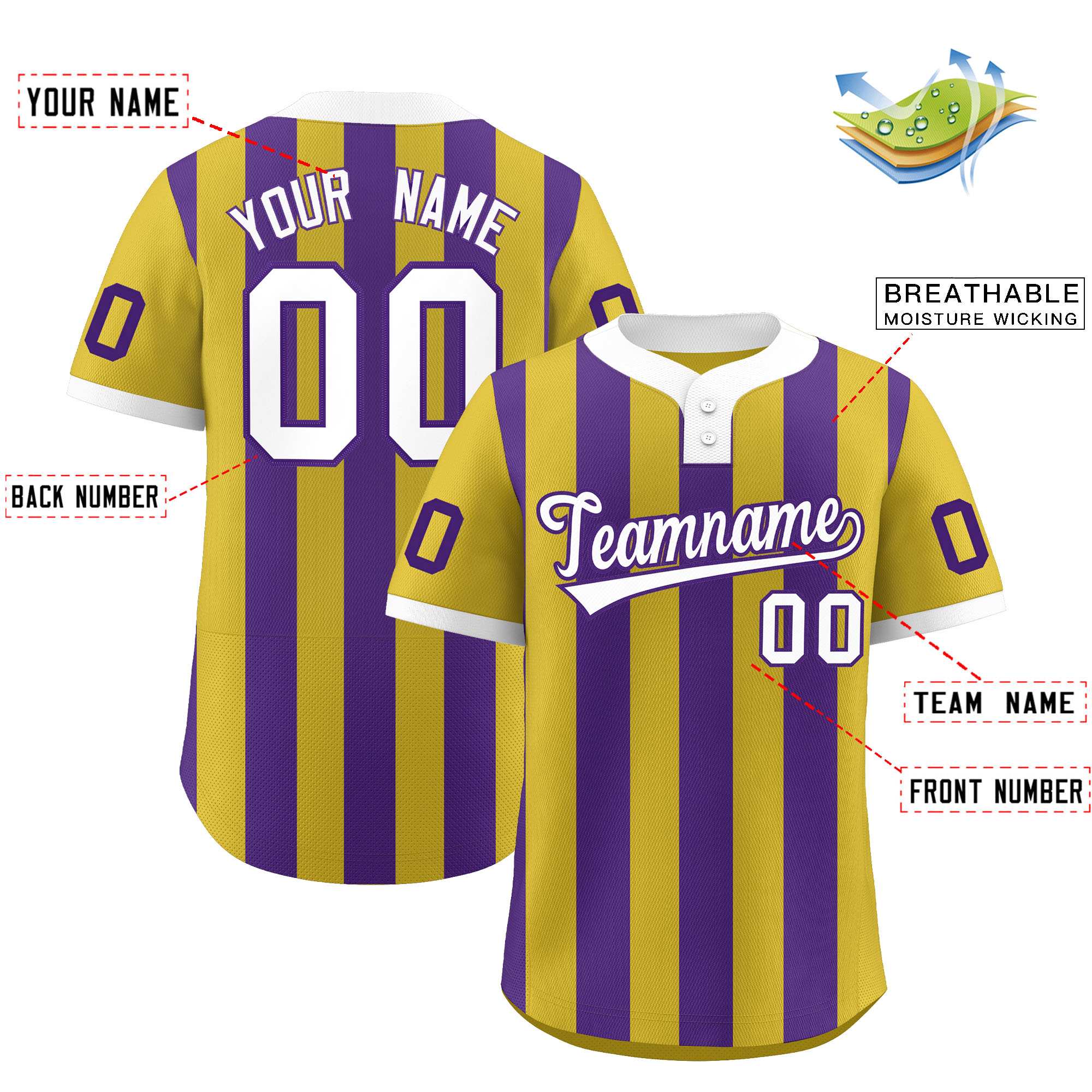 Custom Old Gold Purple Stripe Fashion Authentic Two-Button Baseball Jersey