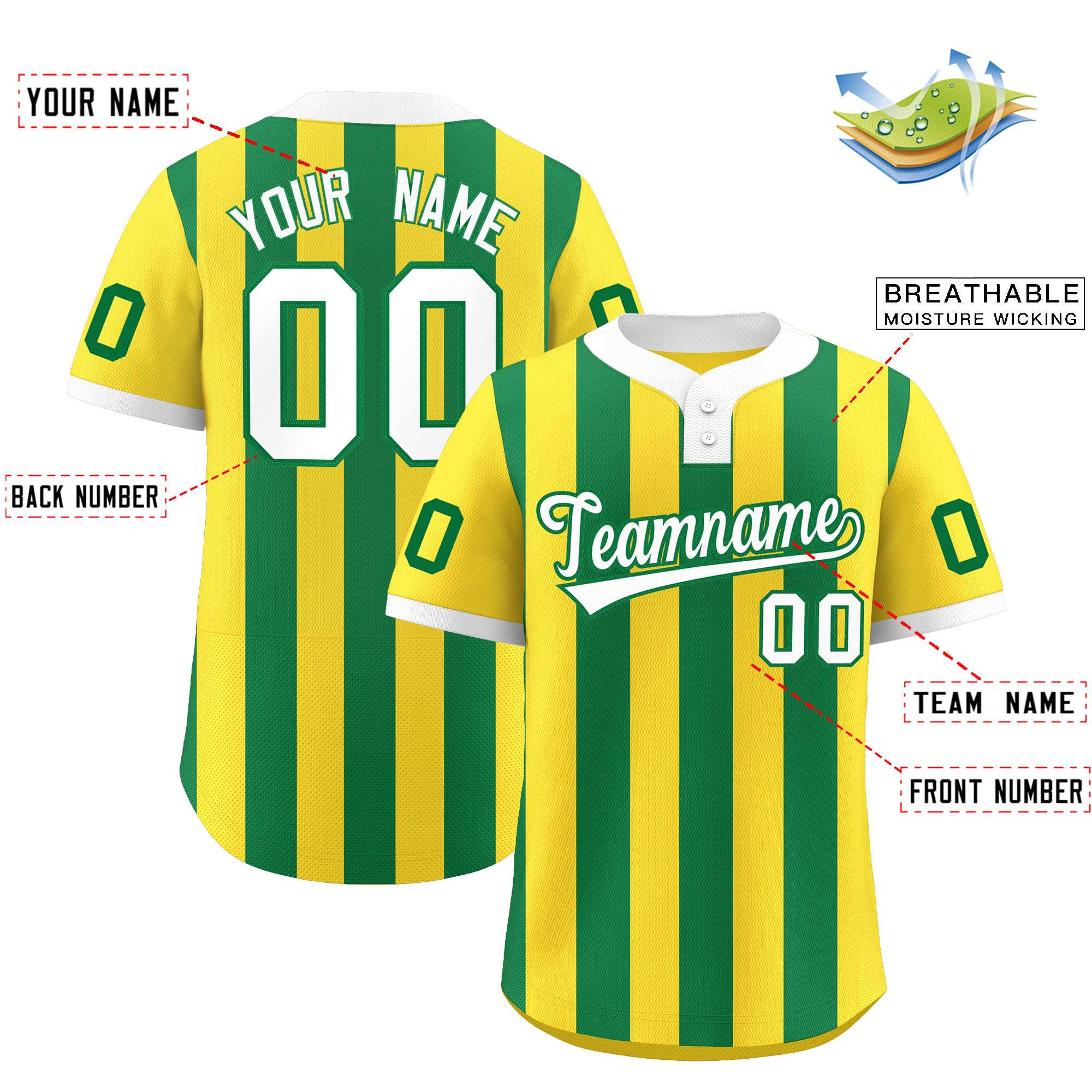 Custom Gold Kelly Green Stripe Fashion Authentic Two-Button Baseball Jersey