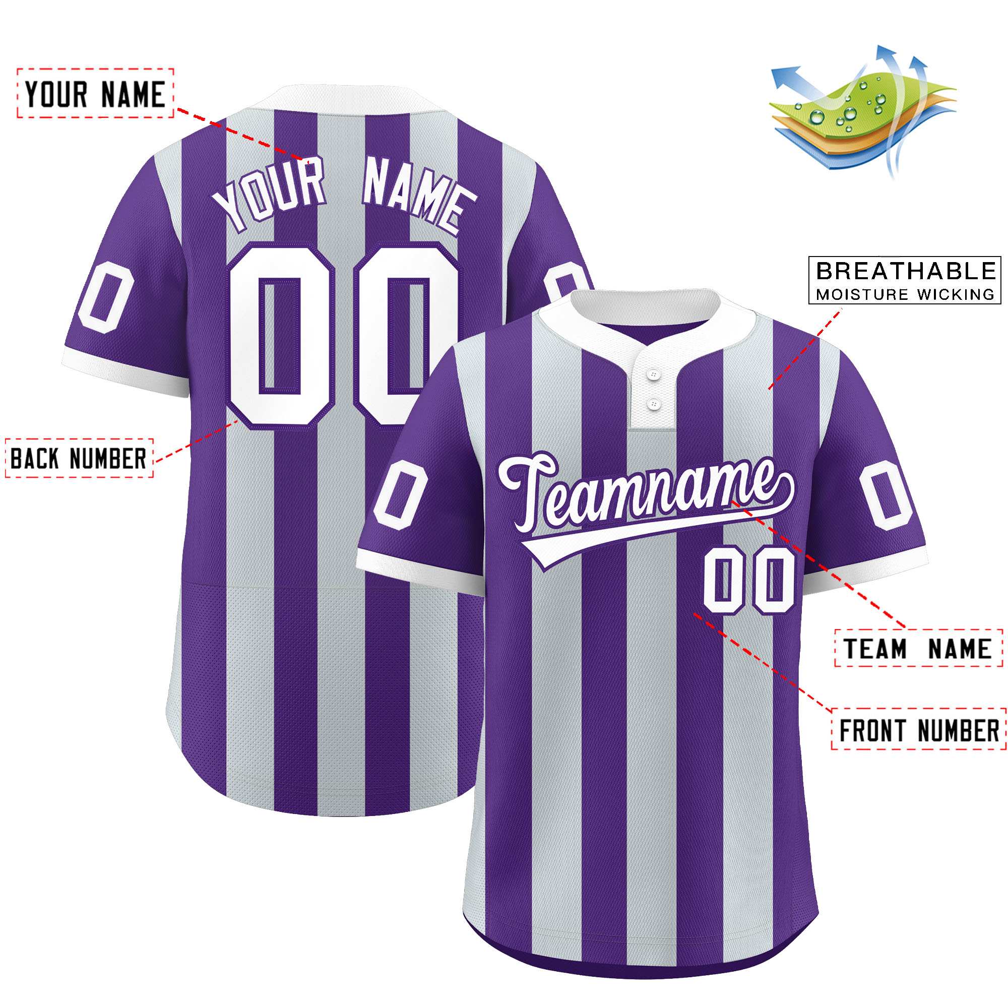 Custom Purple Silver Stripe Fashion Authentic Two-Button Baseball Jersey