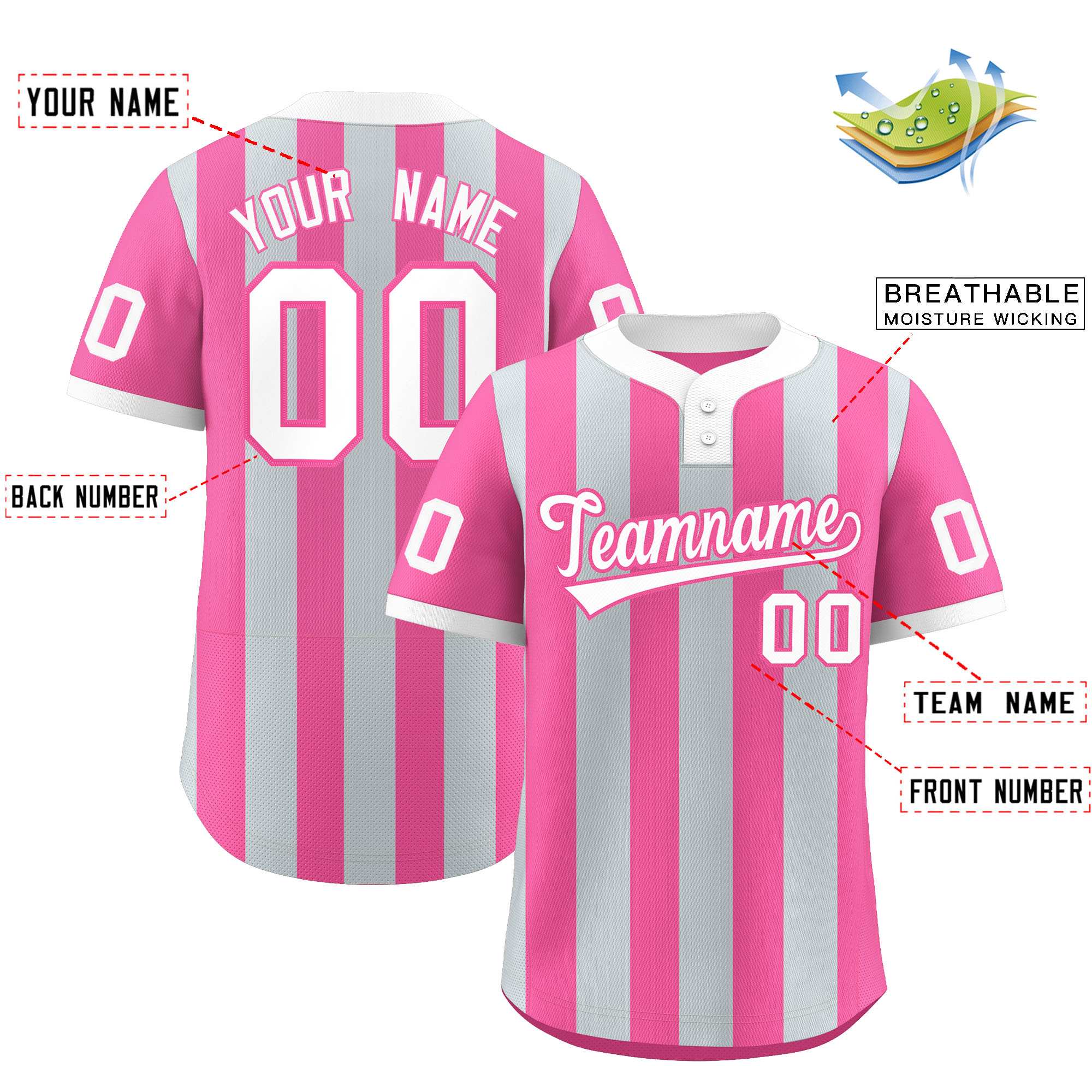 Custom Silver Pink Stripe Fashion Authentic Two-Button Baseball Jersey