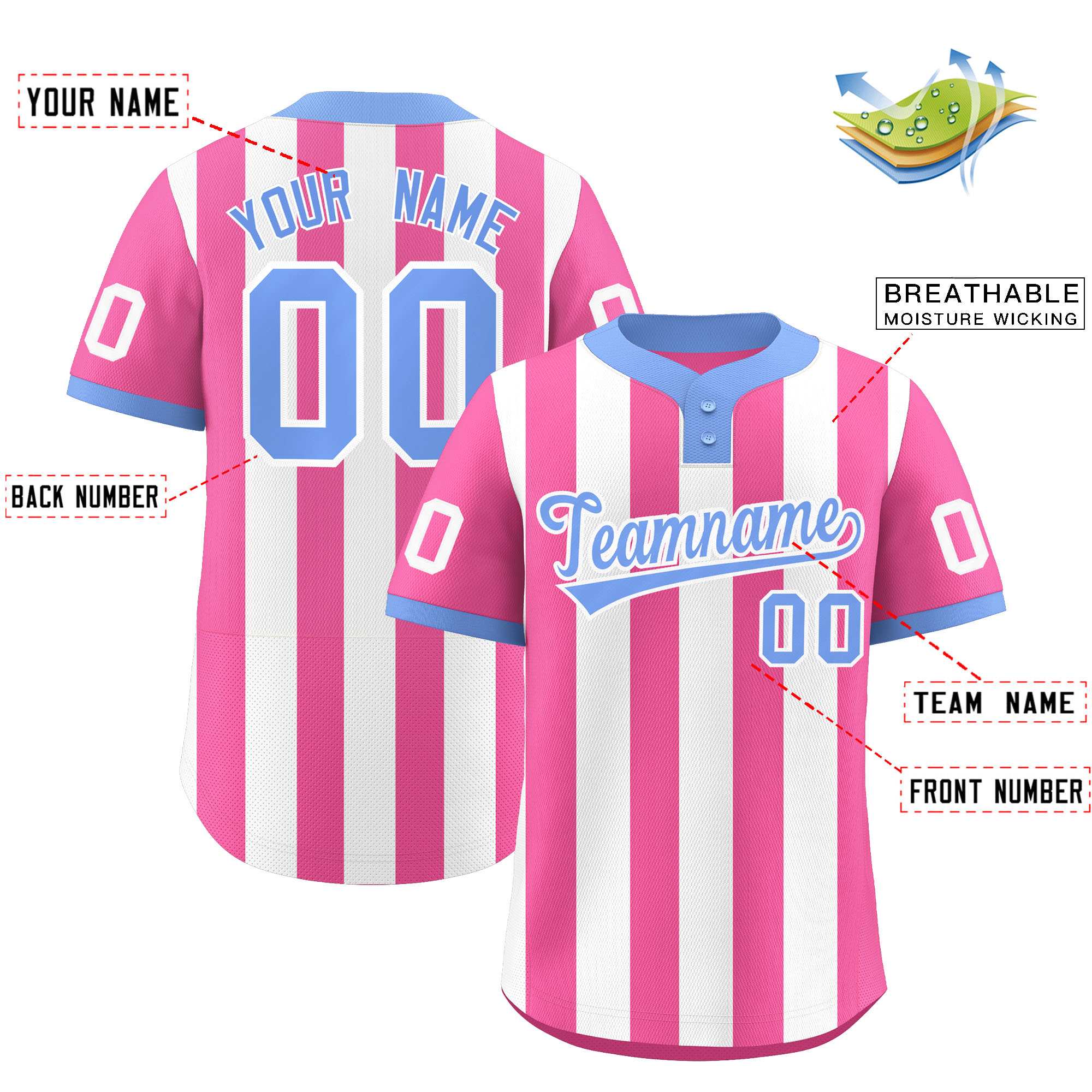 Custom Pink White Stripe Fashion Authentic Two-Button Baseball Jersey