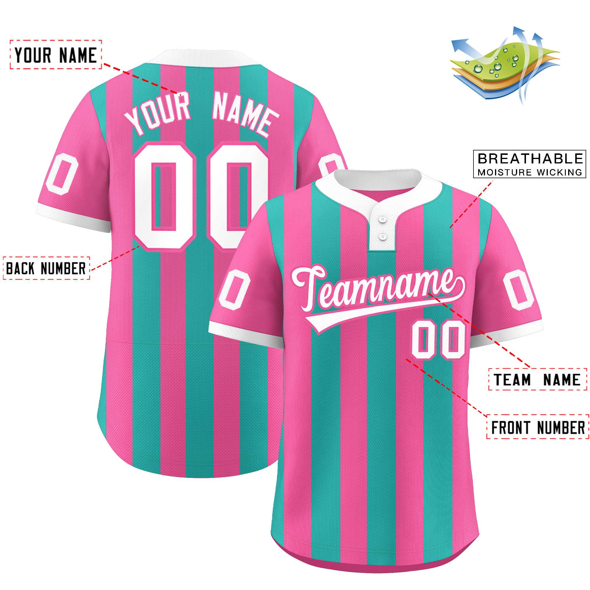 Custom Pink Aqua Stripe Fashion Authentic Two-Button Baseball Jersey